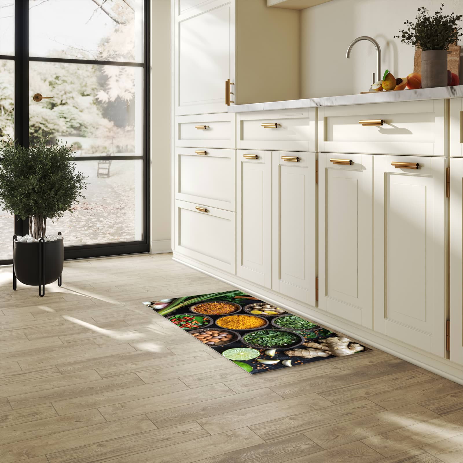 Fleckenresistenter waschbarer Teppich Küche mit Motiv Gewürz Variationen in heller Küche