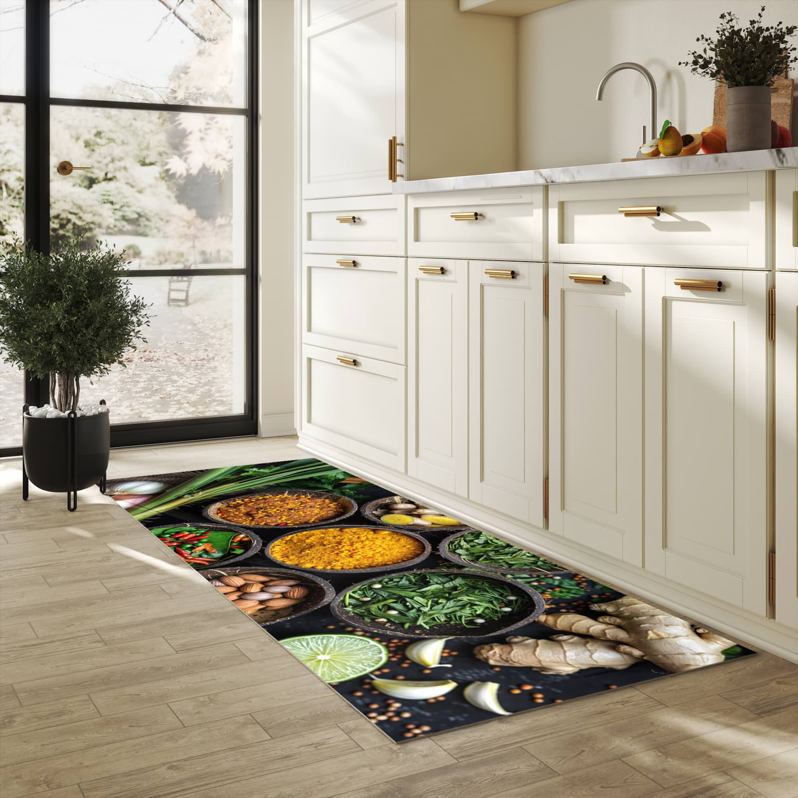 Waschbarer Teppich fürs Esszimmer mit Motiv Gewürz Variationen in heller Küche