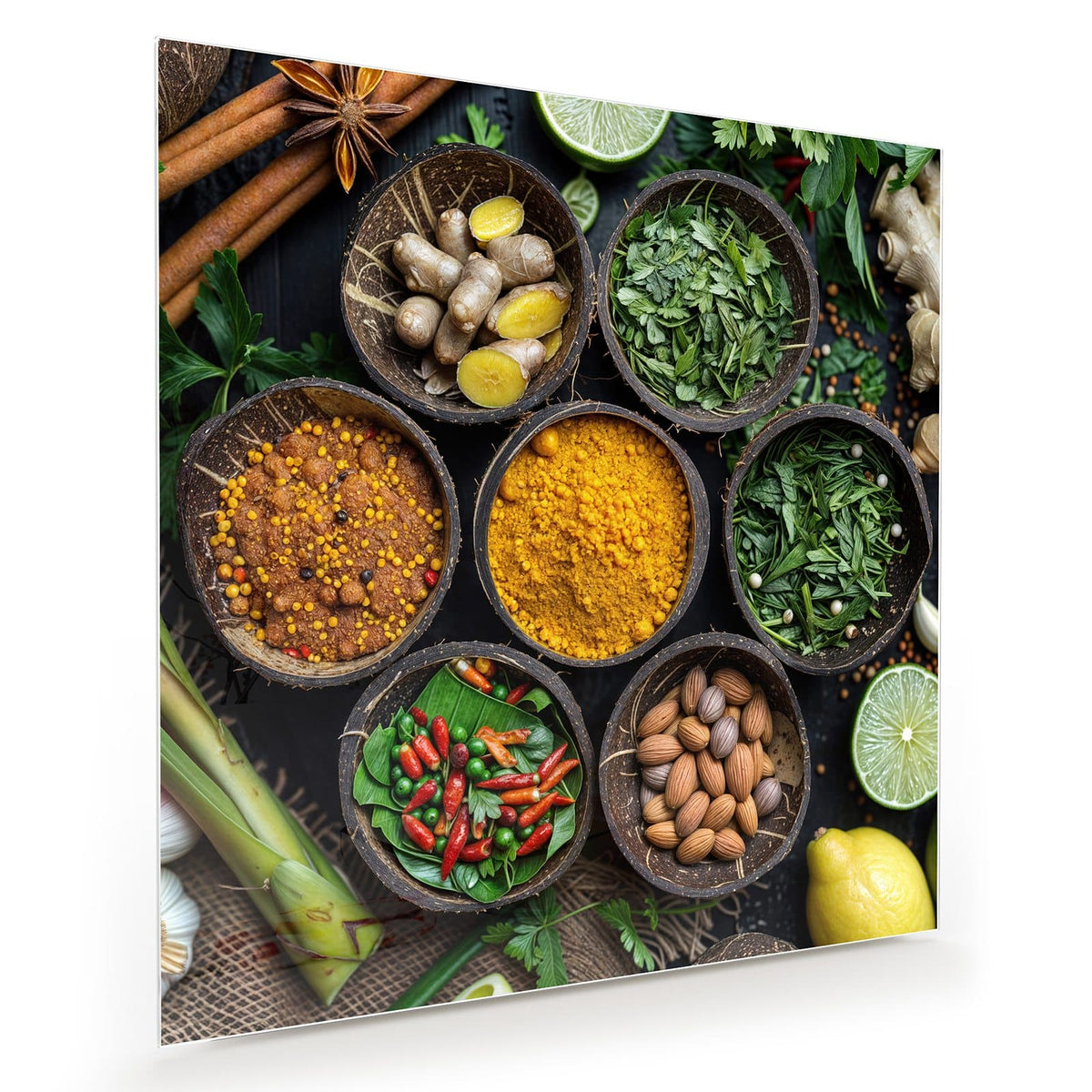 Sieben halbe Kokosnussschalen mit Kurkuma, Chili, Curryblättern, Ingwer und Nüssen auf dunklem Grund