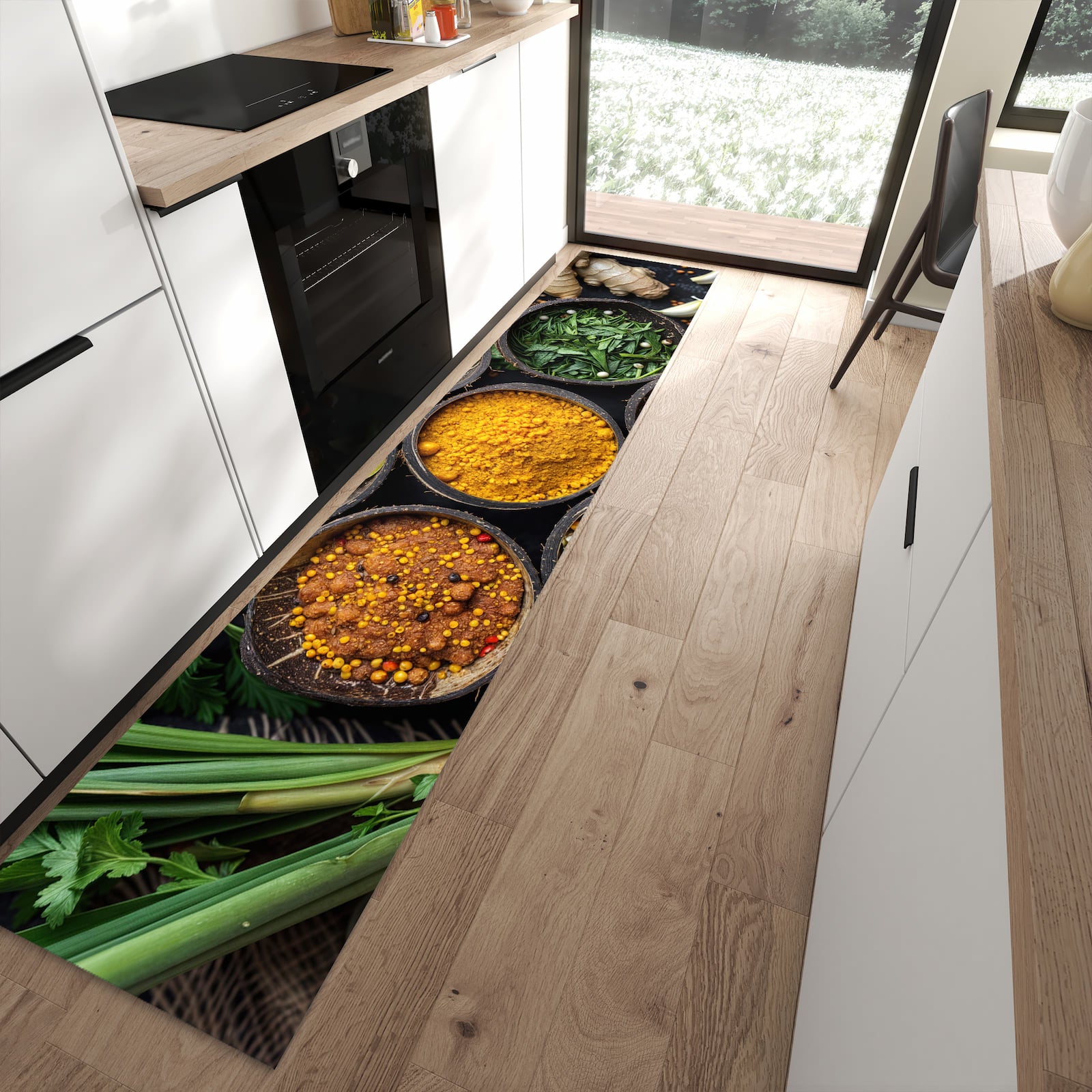 Geruchsneutraler Küchenteppich mit Motiv Gewürz Variationen in moderner Küche