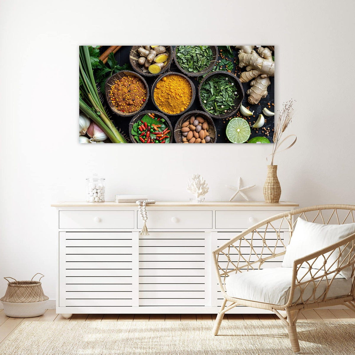 Echtglas, 4 mm – kein Acryl, keine Folie – Wandbild - Gewürze in Kokosschalen - Querformat