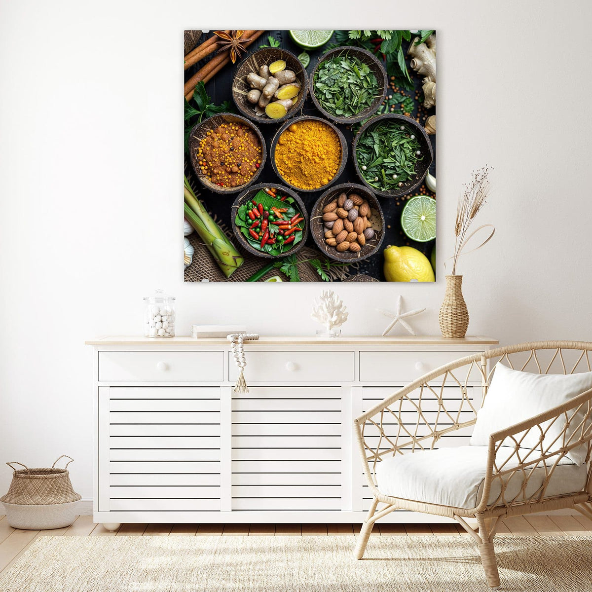 Glasbild Gewürze in Kokosschalen an der Wand – Sieben halbe Kokosnussschalen mit Kurkuma, Chili, Curryblättern, Ingwer und Nüssen auf dunklem Grund