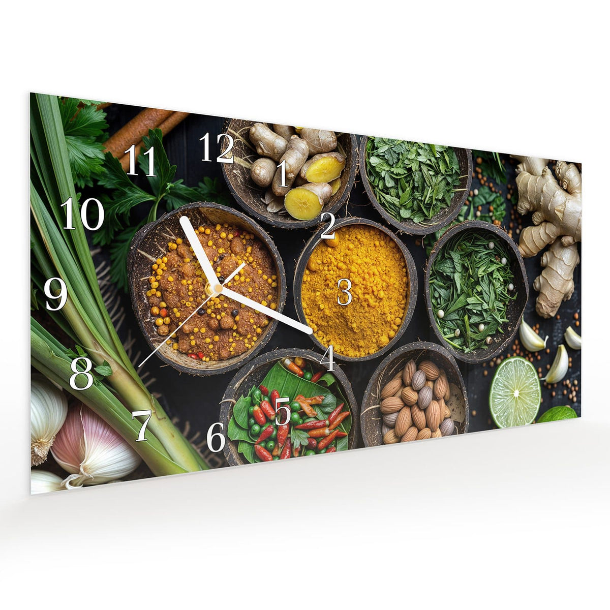 Vormontiert – mit Schwebeeffekt – Wanduhr Gewürz Variationen aus Glas – Querformat 60 × 30 cm