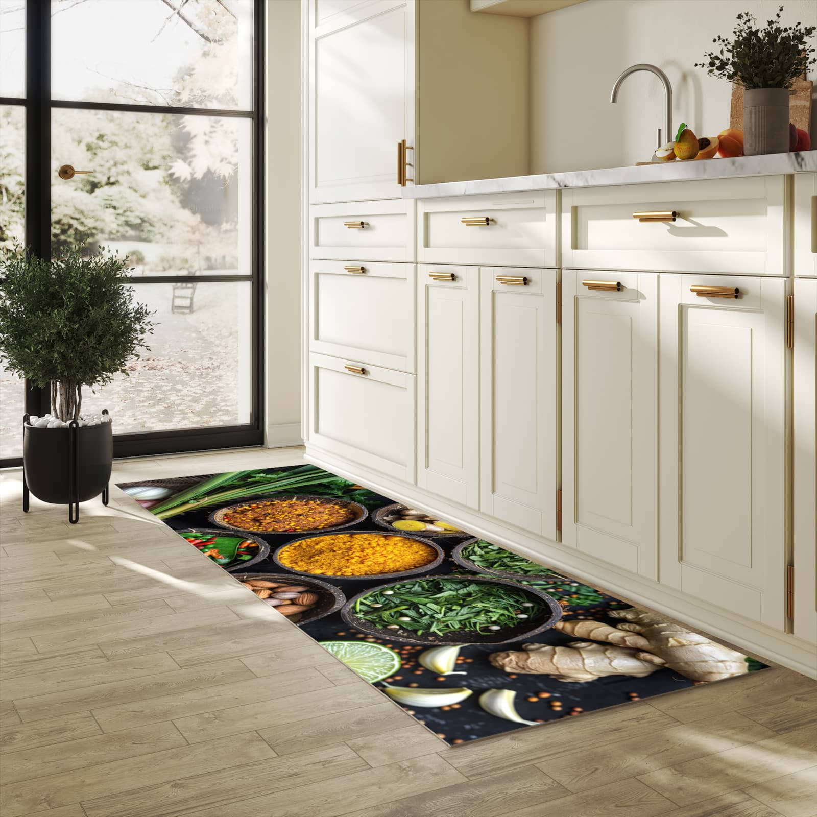 Pflegeleichter Läufer mit Motiv Gewürz Variationen in heller Küche für einfache Reinigung
