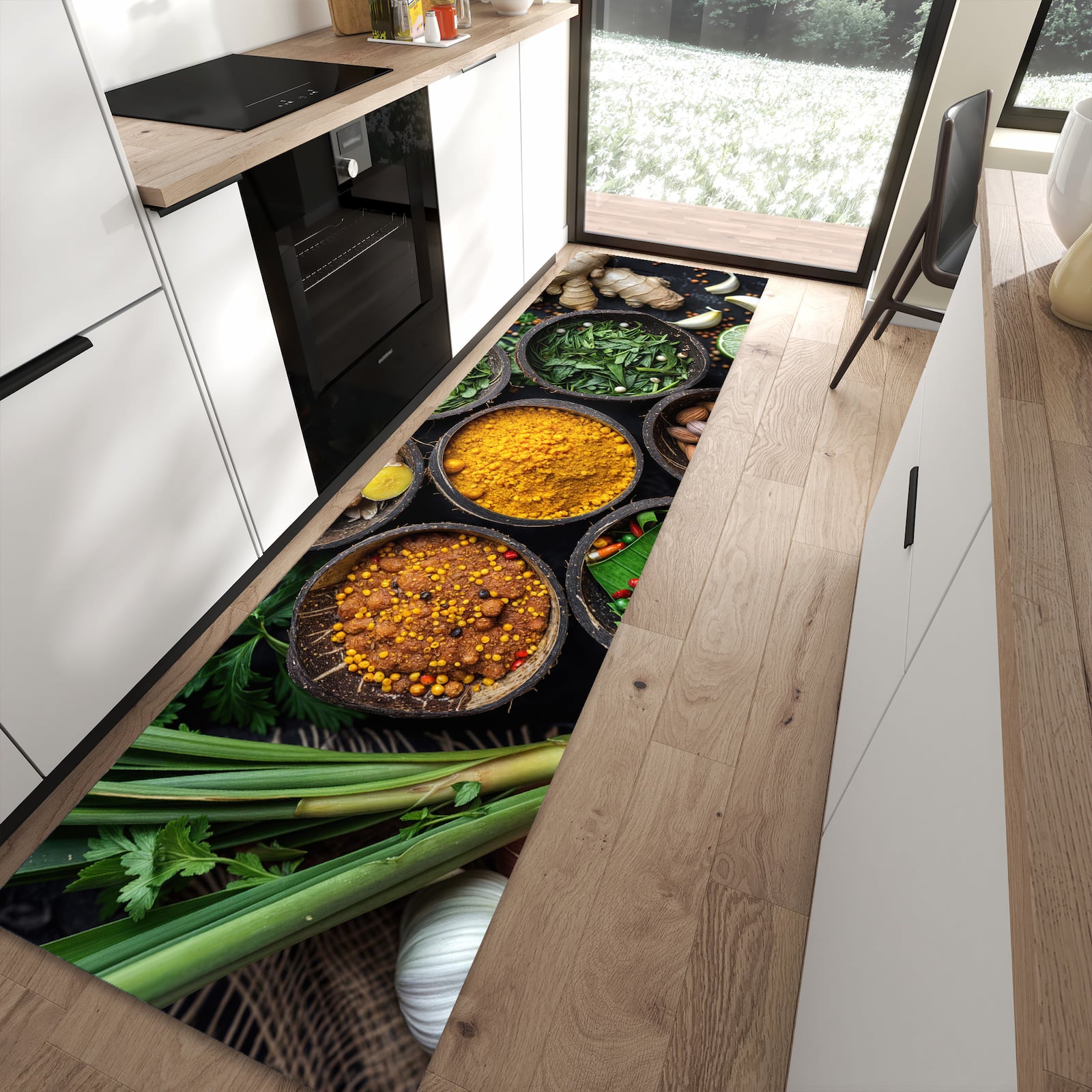 Rutschfester Küchenteppich mit Motiv Gewürz Variationen in moderner Küche