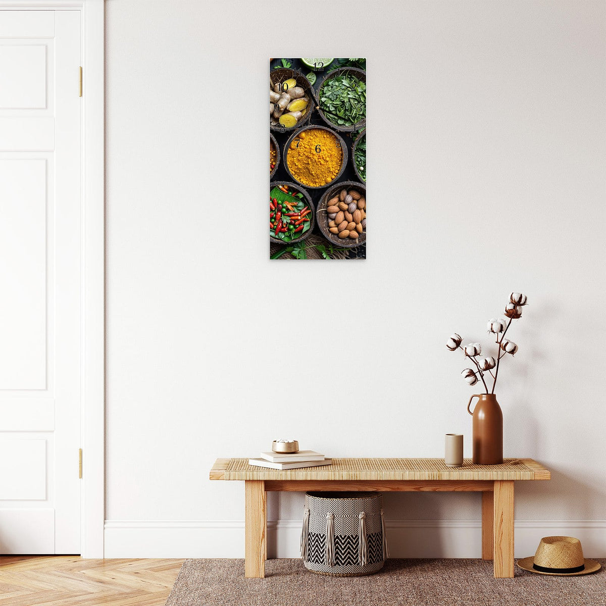 Moderne Wanduhr aus Glas mit Farbtiefe – Wanduhr Gewürz Variationen aus Glas – Hochformat 30 × 60 cm