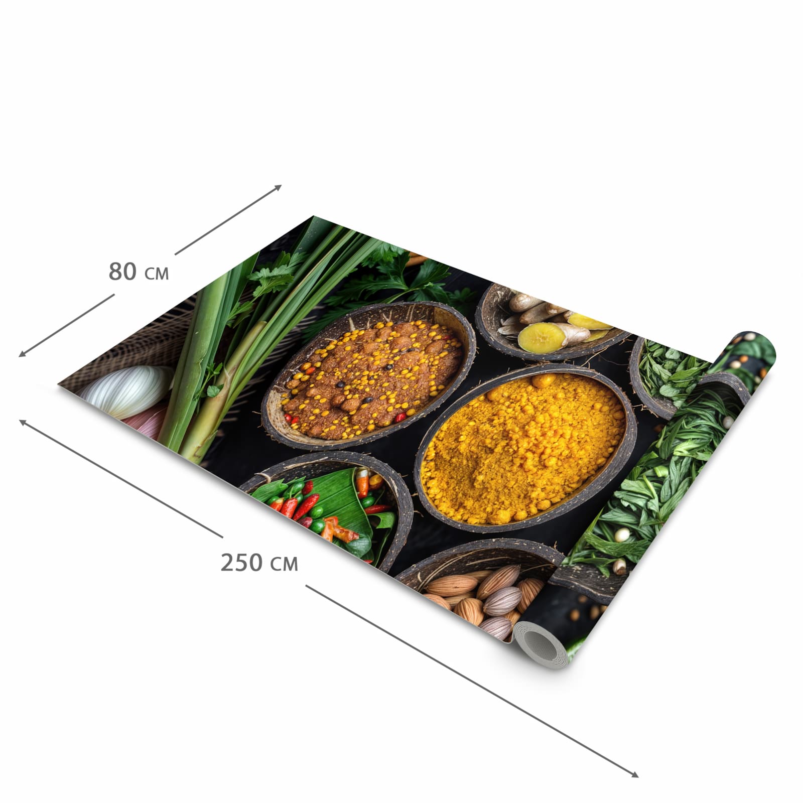 Flacher Küchenläufer mit Motiv Gewürz Variationen in der Grösse 80x250 cm für lange Flure