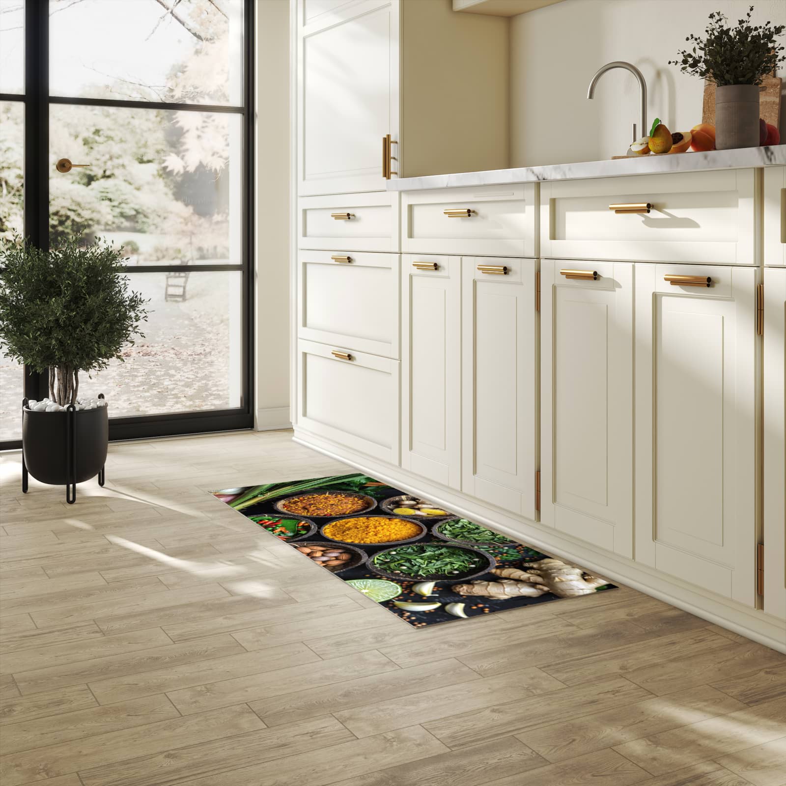 Schmutzabweisender Küchenläufer mit Motiv Gewürz Variationen in heller Küche