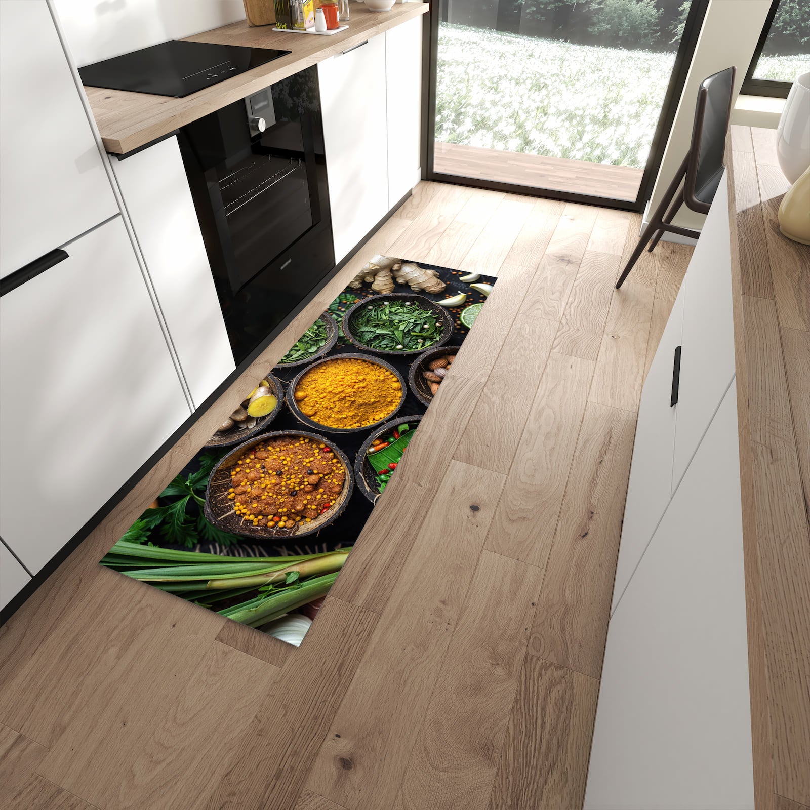 Wasserabweisender Küchenläufer mit Motiv Gewürz Variationen in moderner Küche