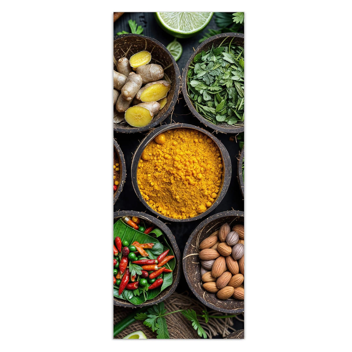 Sieben halbe Kokosnussschalen mit Kurkuma, Chili, Curryblättern, Ingwer und Nüssen auf dunklem Grund