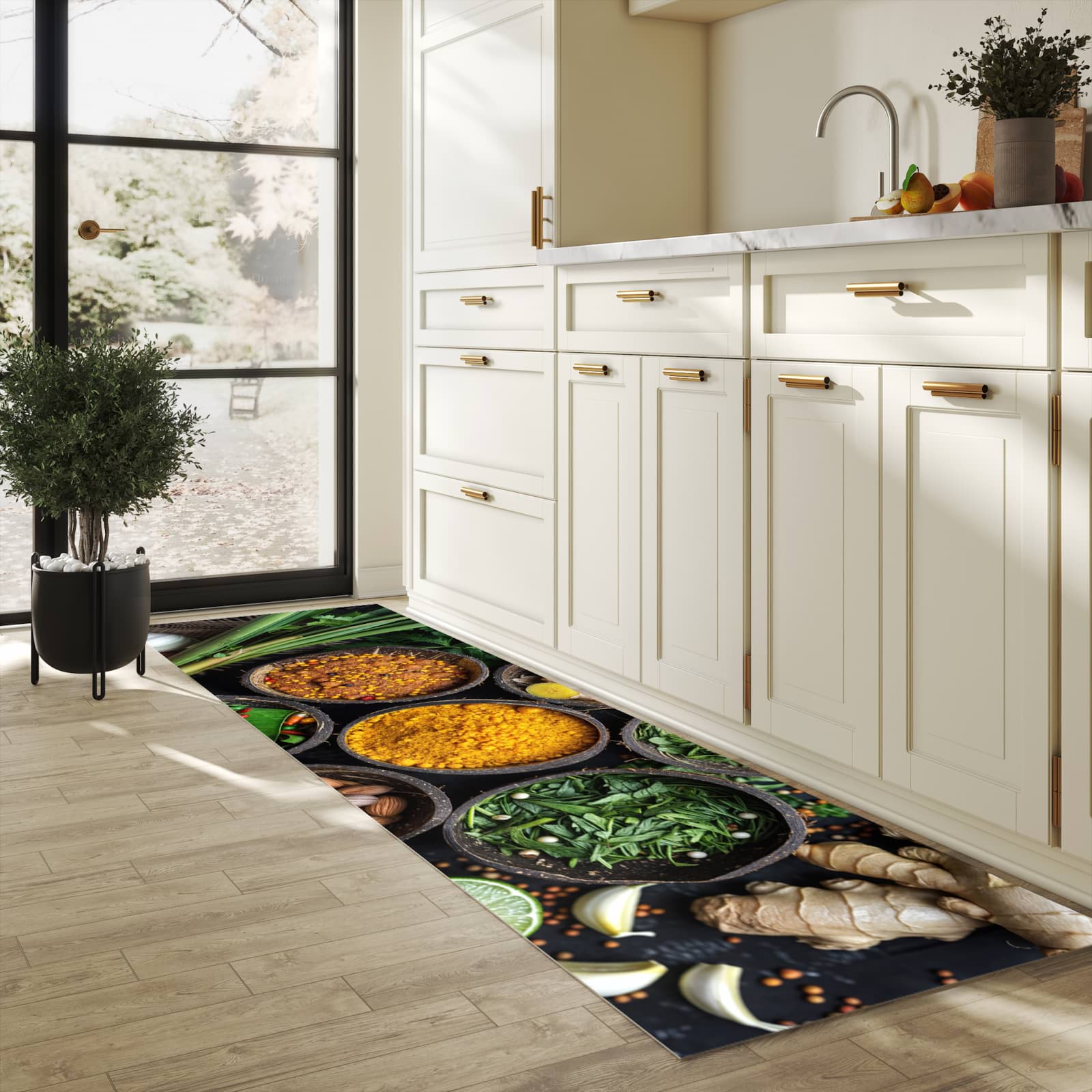 Hygienischer rutschfester Küchenteppich mit Motiv Gewürz Variationen in heller Küche