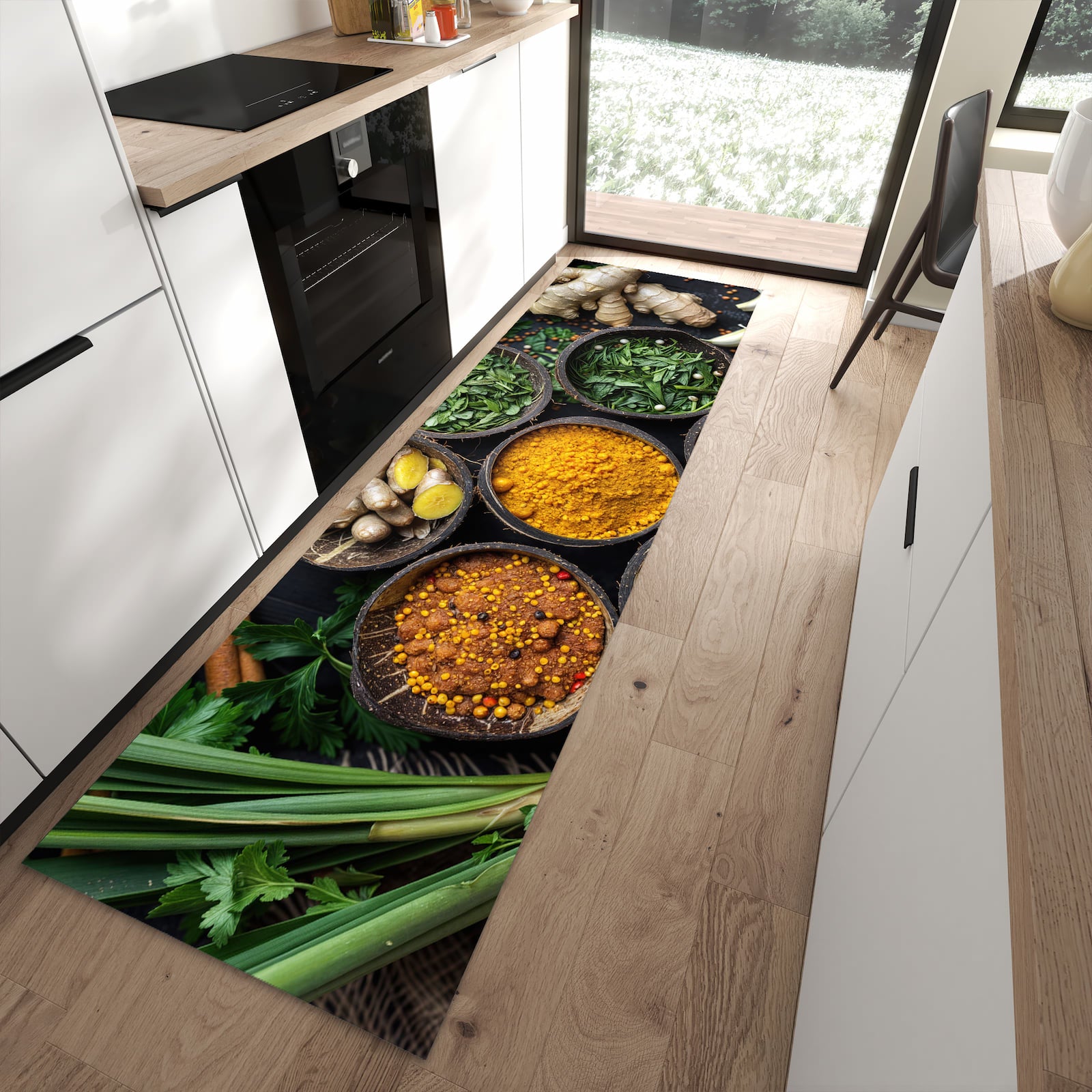 Komfortabler Küchenteppich mit Motiv Gewürz Variationen in moderner Küche
