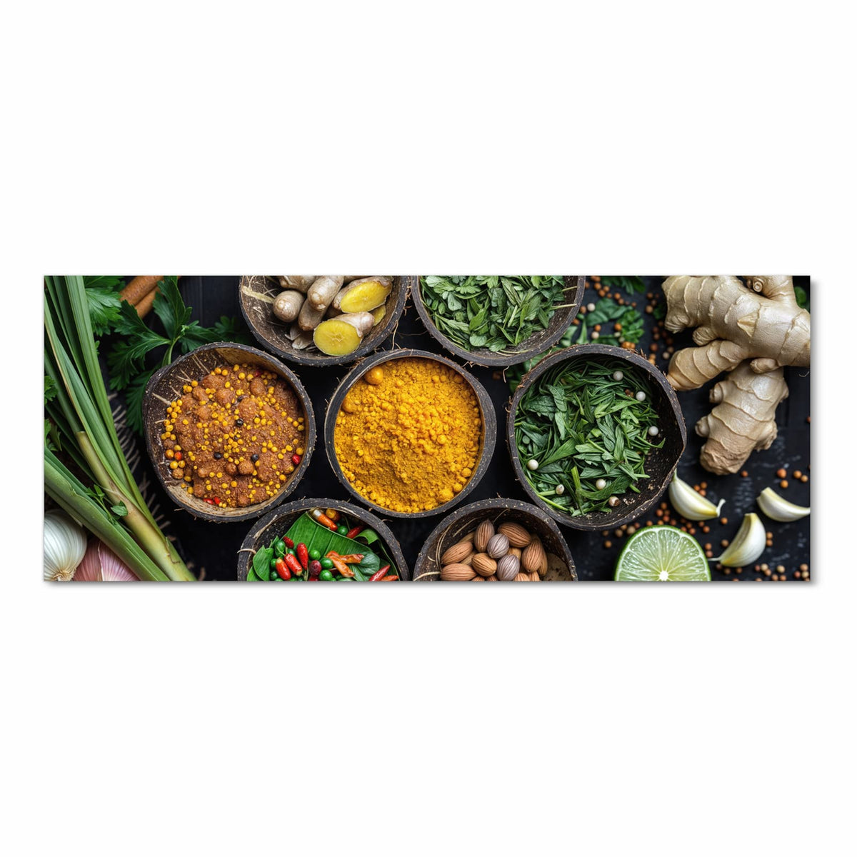 Sieben halbe Kokosnussschalen mit Kurkuma, Chili, Curryblättern, Ingwer und Nüssen auf dunklem Grund