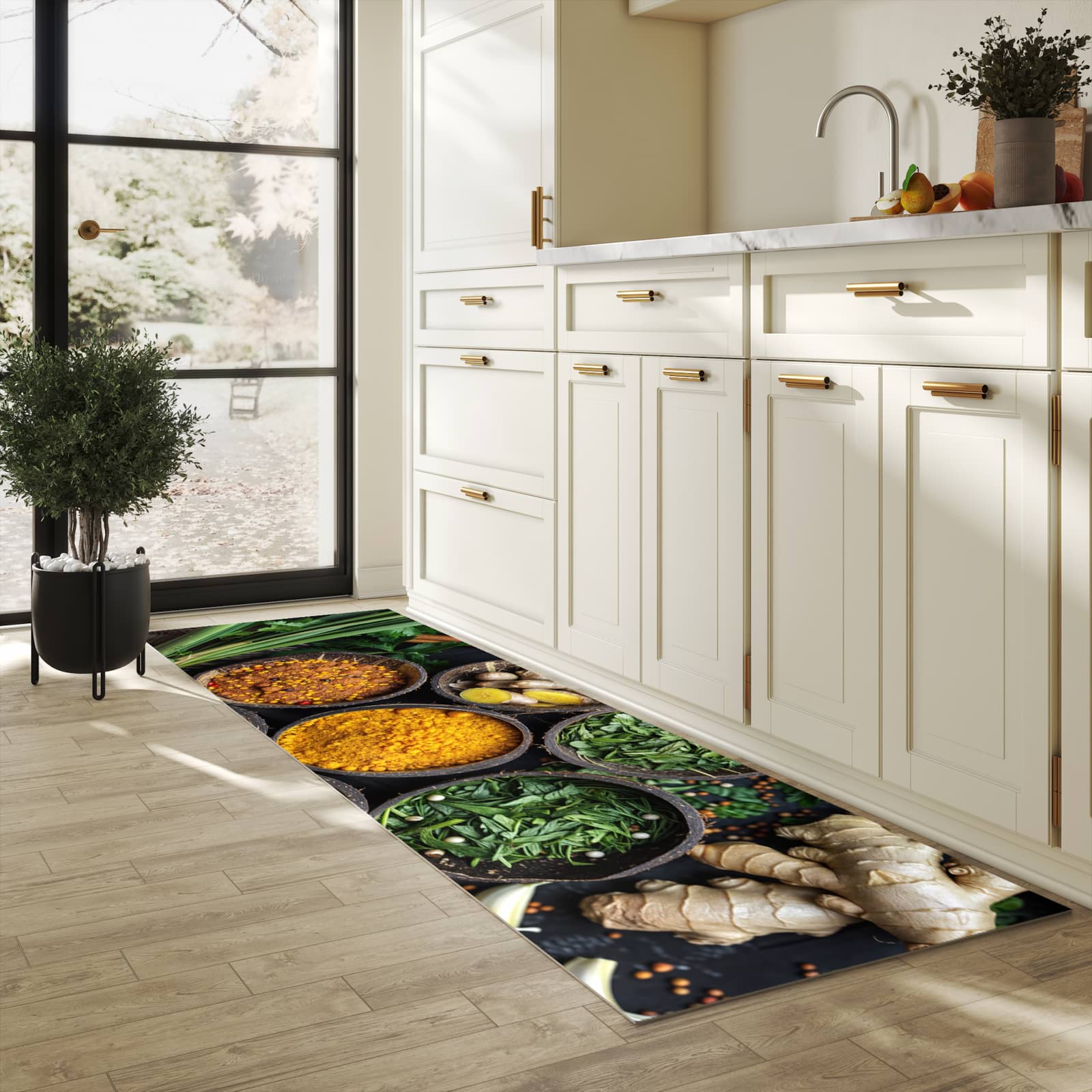 Dünner Küchenteppich mit Motiv Gewürz Variationen in heller Küche für angenehme Haptik