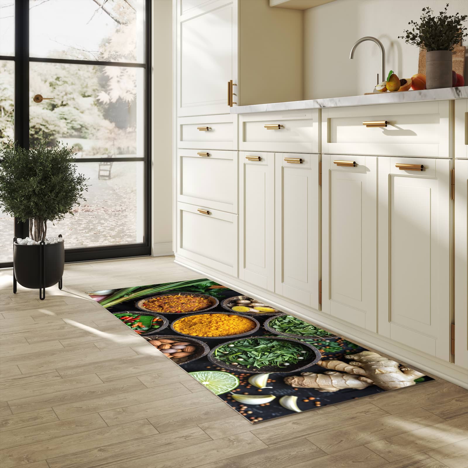 Rutschfester Läufer mit Motiv Gewürz Variationen für Eingangsbereich in heller Küche