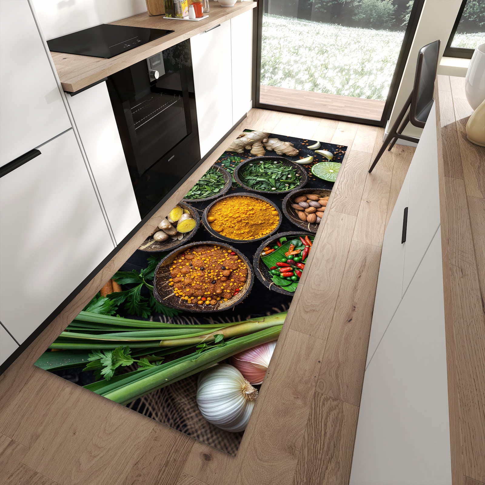 Küchenläufer mit Motiv Gewürz Variationen für angenehme Haptik in moderner Küche
