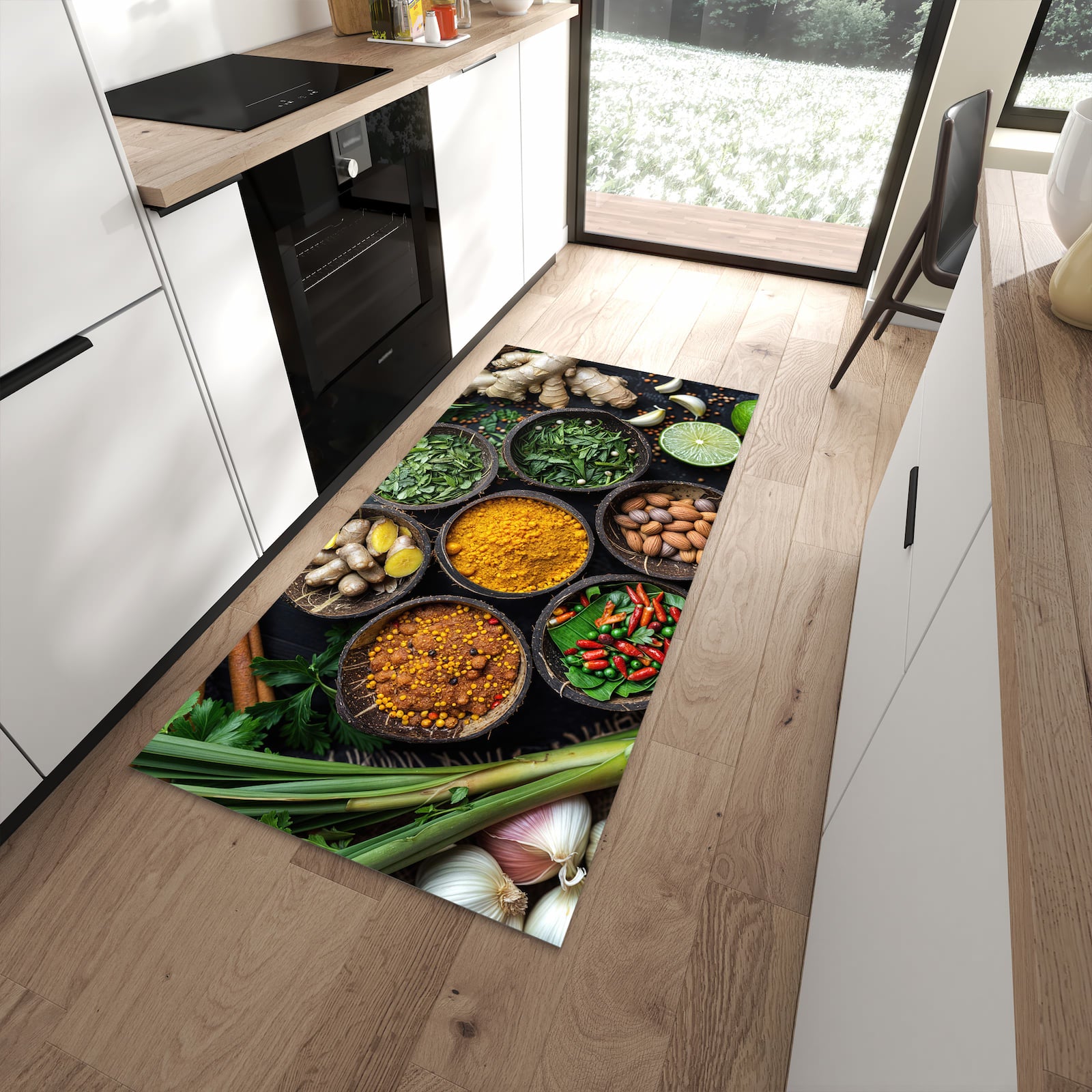 Pflegeleichter Küchenteppich mit Motiv Gewürz Variationen in moderner Küche