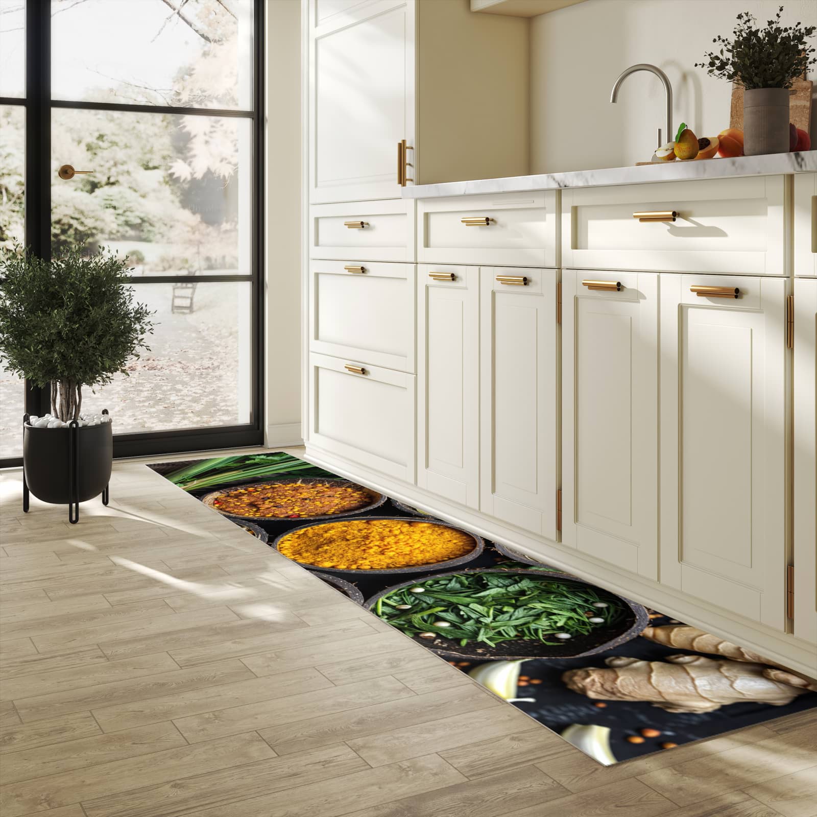 Pflegeleichter waschbarer Küchenläufer mit Motiv Gewürz Variationen in heller Küche