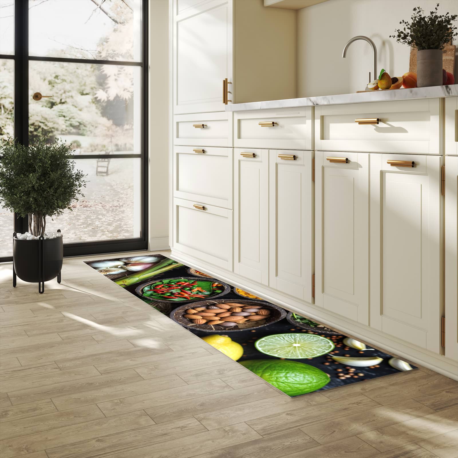 Flacher waschbarer Läufer für die Küche mit Motiv Gewürz Variationen in heller Küche