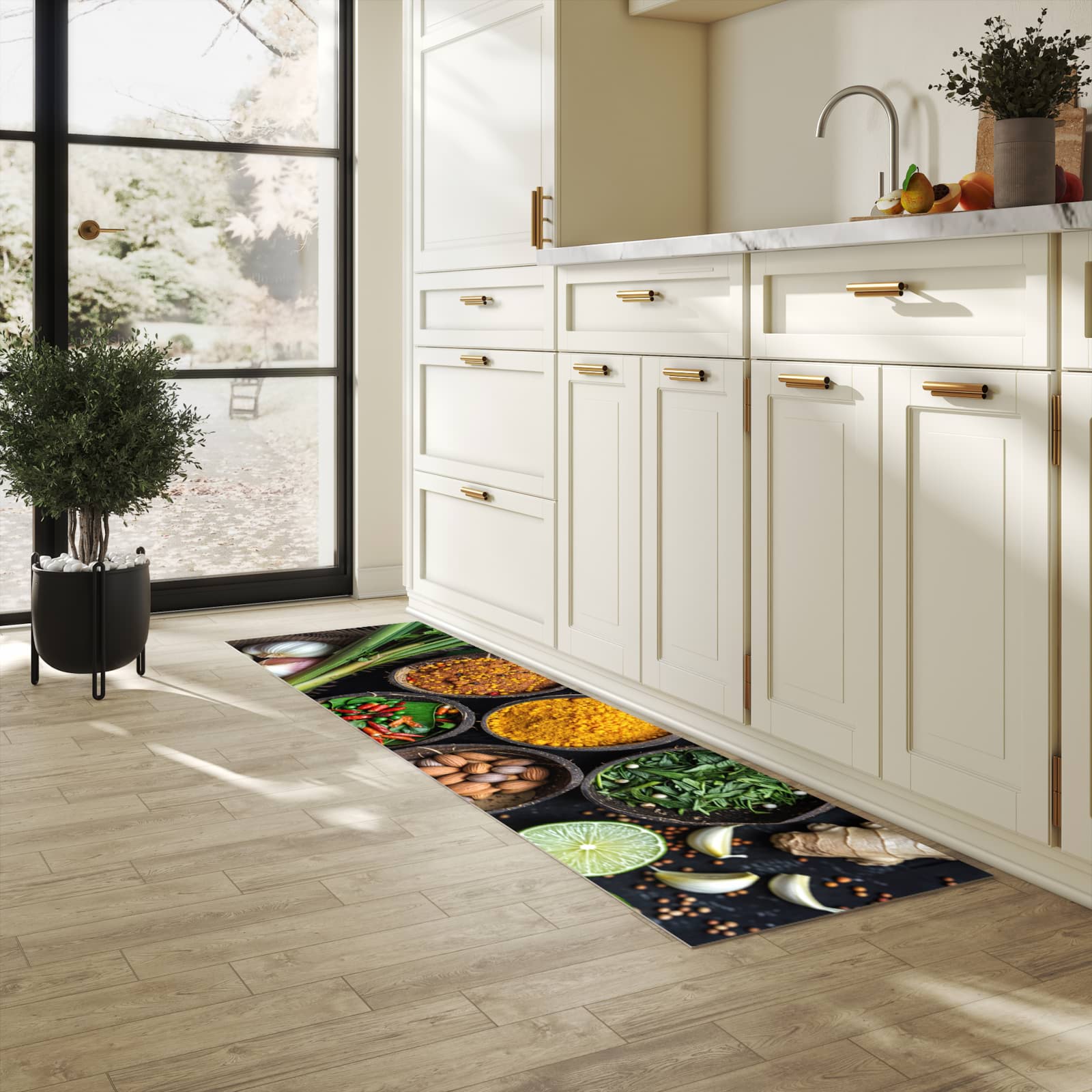 Langlebiger Teppichläufer mit Motiv Gewürz Variationen in heller Küche