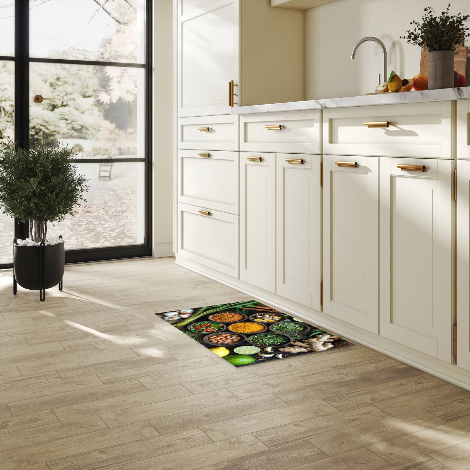 Komfortabler langer Teppich mit Motiv Gewürz Variationen in heller Küche