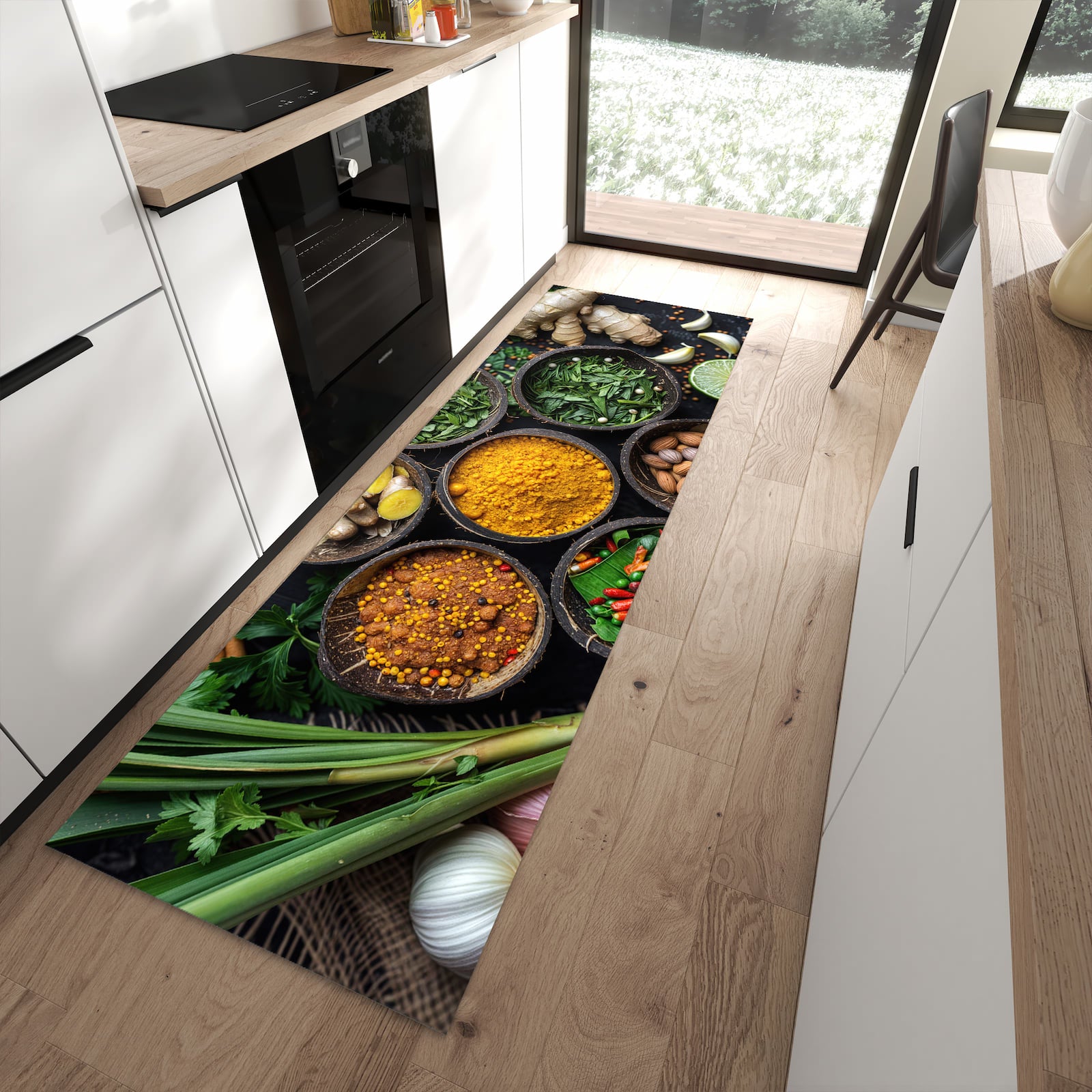 Pflegeleichter Teppich für die Küche mit Motiv Gewürz Variationen in moderner Küche