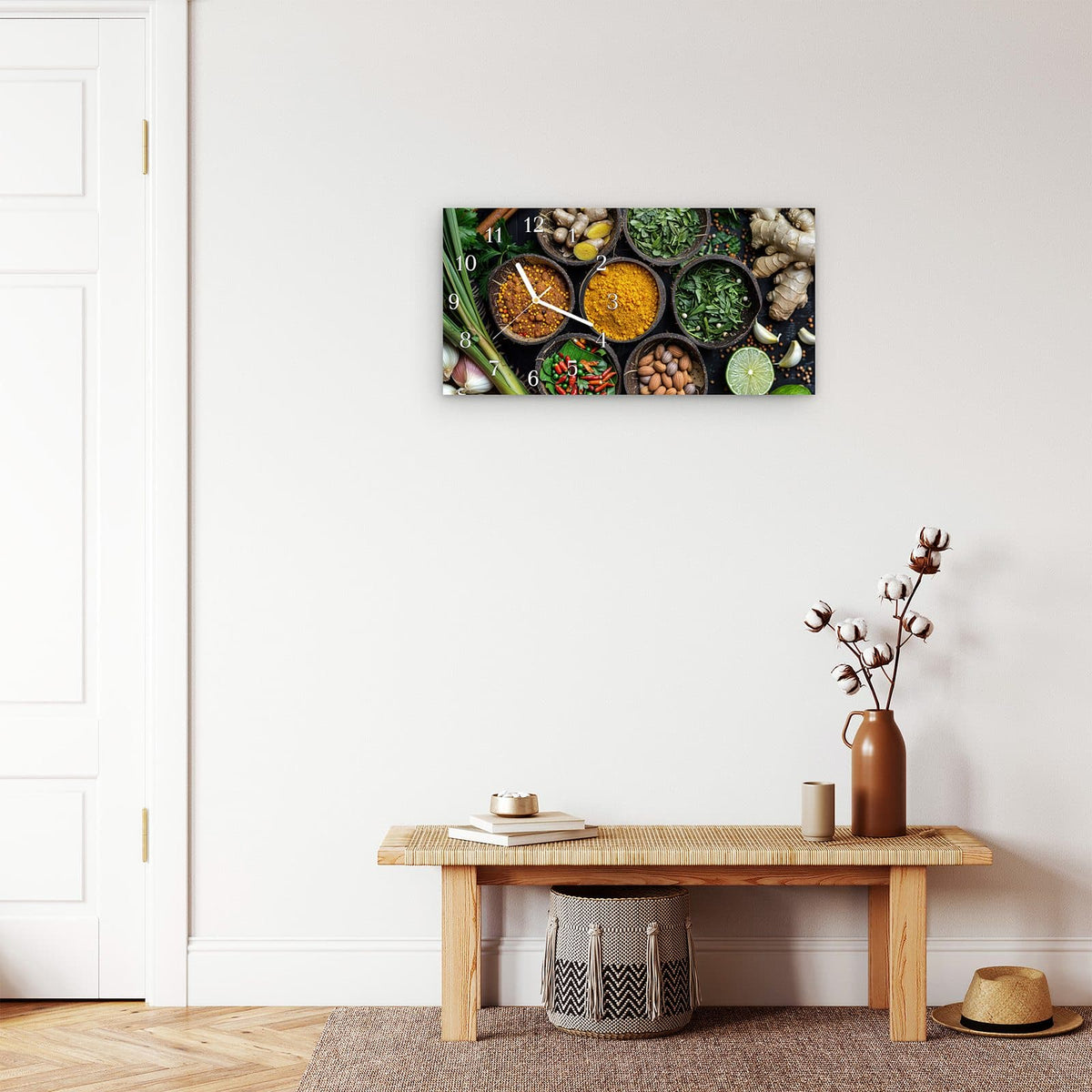 Moderne Wanduhr aus Glas mit Farbtiefe – Wanduhr Gewürz Variationen aus Glas – Querformat 60 × 30 cm