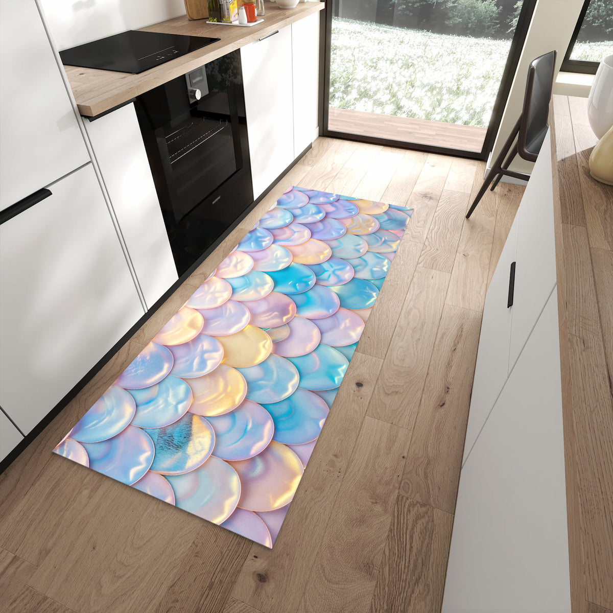 Farbbeständiger rutschfester Küchenläufer mit Motiv Schuppen Mix Pastell in moderner Küche