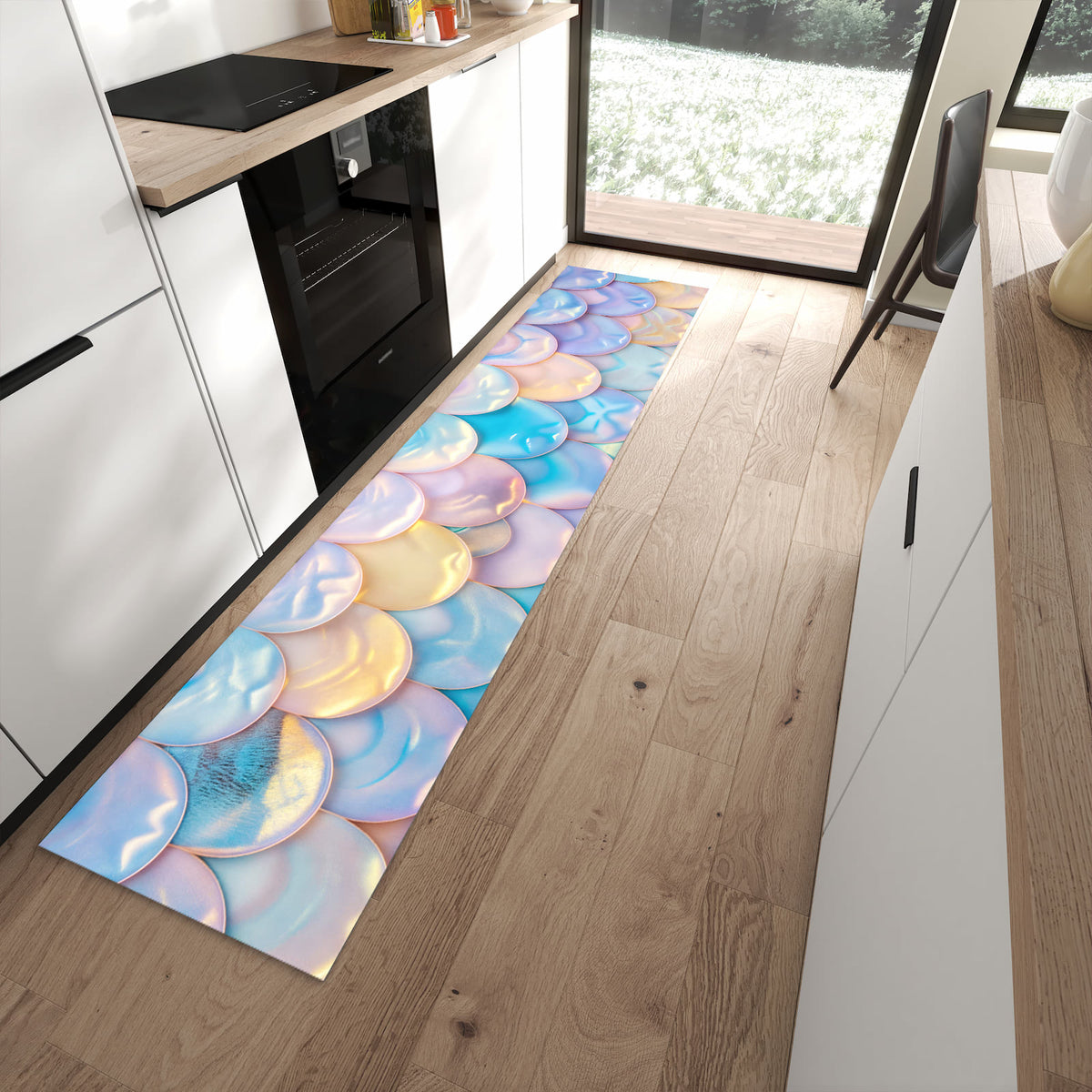 Bodenschonender Küchenläufer mit Motiv Schuppen Mix Pastell in moderner Küche