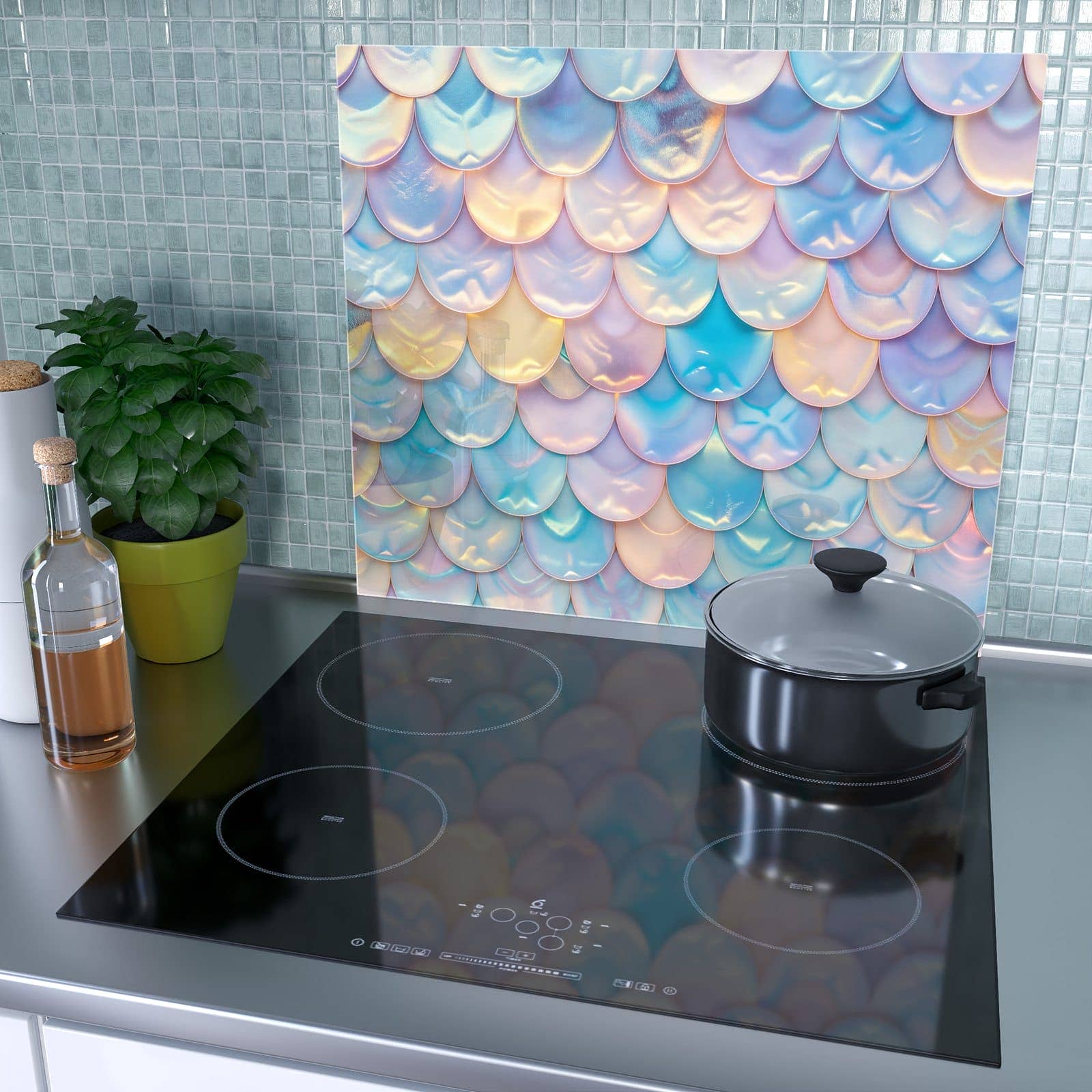 2-teilige Herdabdeckplatte mit Schuppen Mix Pastell-Motiv auf dem Ceranfeld in moderner Küche