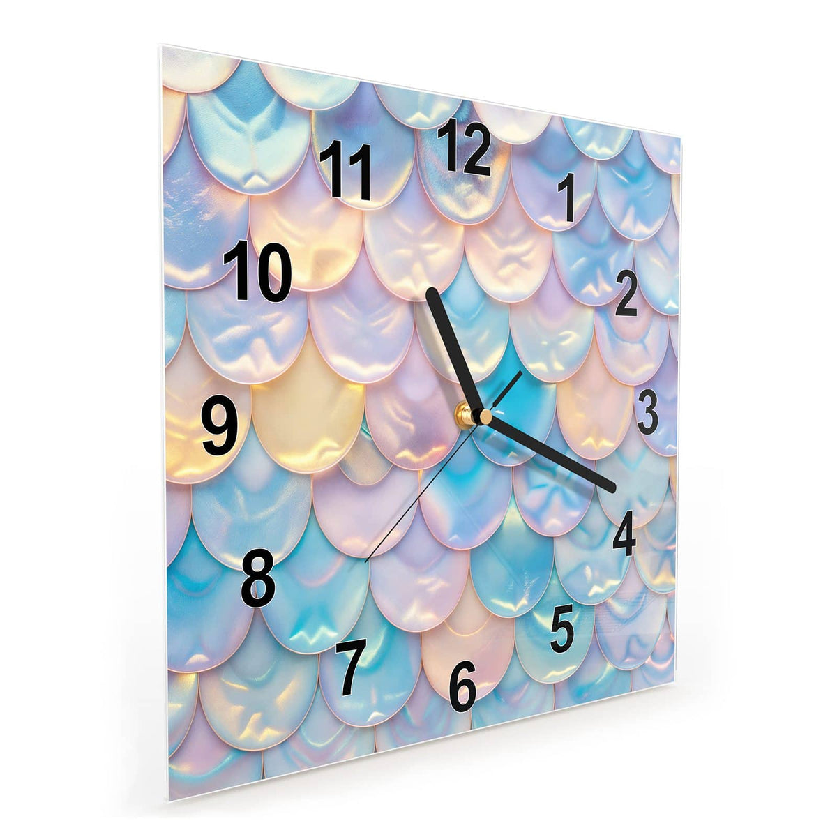 Quadratische Wanduhr aus Glas Schuppen in Pastell schräg von der Seite, 4 mm starkes Glas