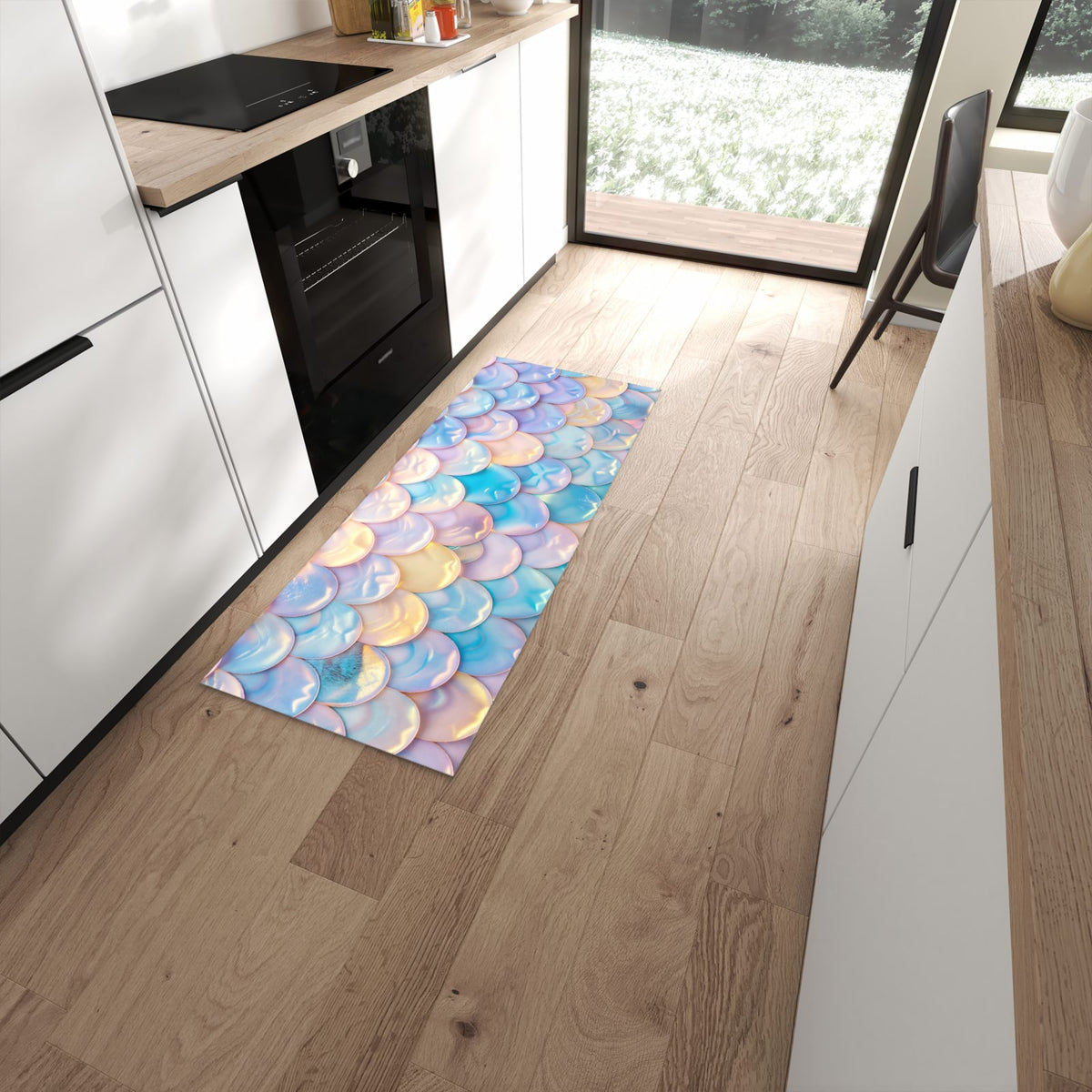 Langlebiger rutschfester Küchenteppich mit Motiv Schuppen Mix Pastell in moderner Küche #grösse_60 x 150 cm