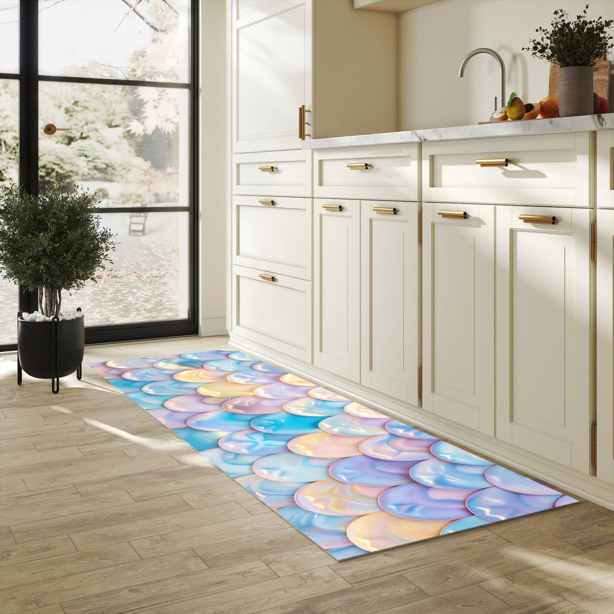 Rutschfester Küchenteppich mit Motiv Schuppen Mix Pastell in heller Küche