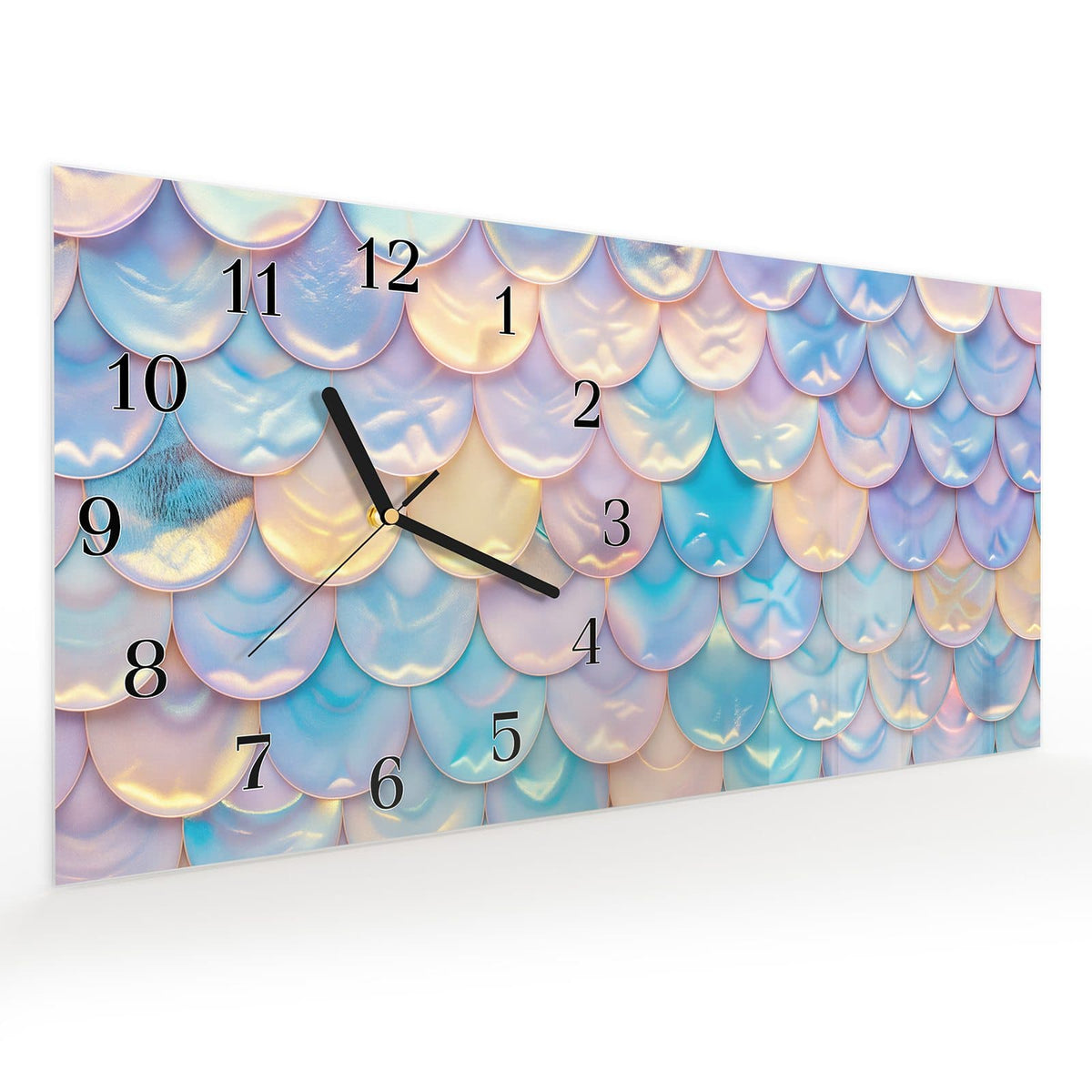 Vormontiert – mit Schwebeeffekt – Wanduhr Schuppen Mix Pastell aus Glas – Querformat 60 × 30 cm