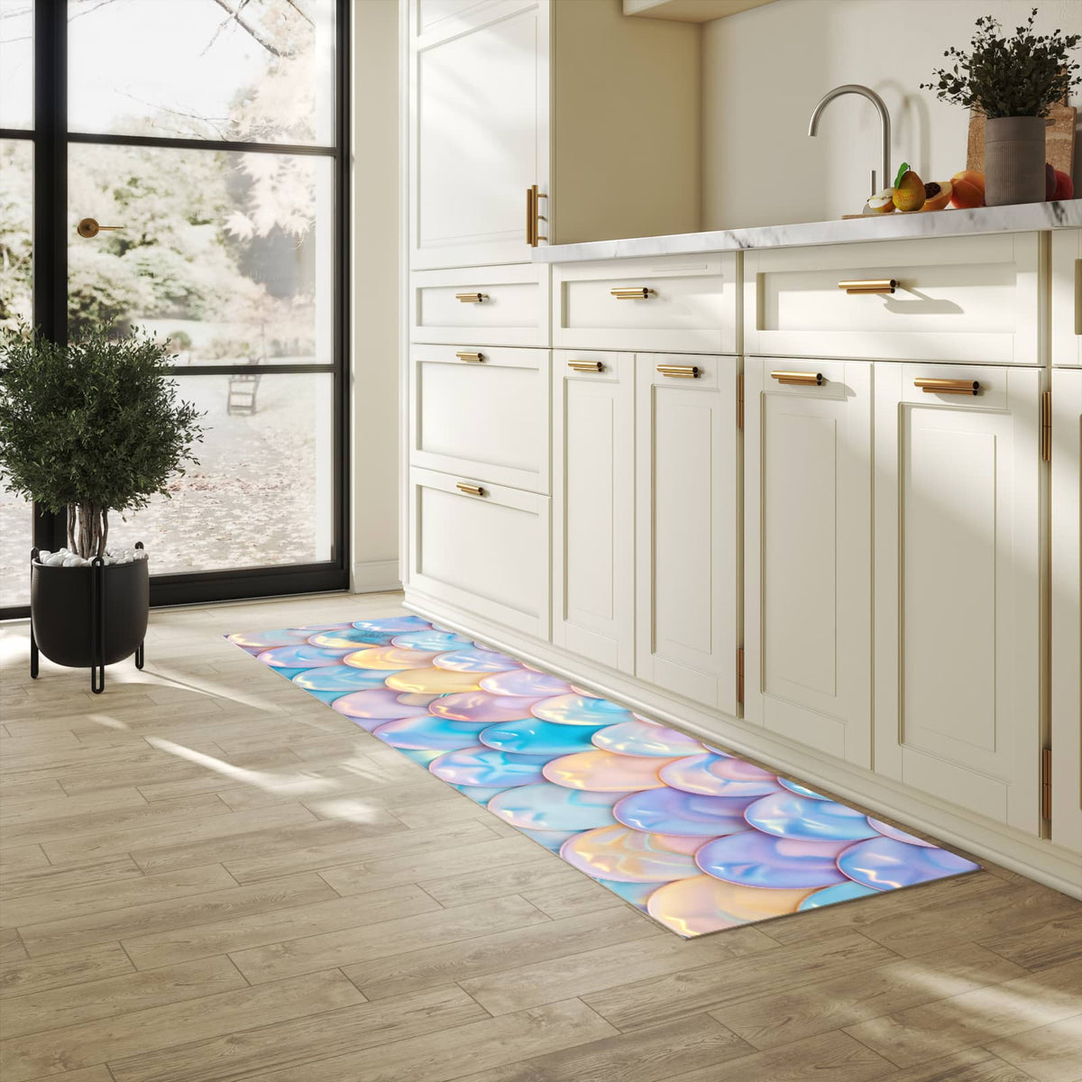 Küchenteppich mit Motiv Schuppen Mix Pastell für angenehme Haptik in heller Küche