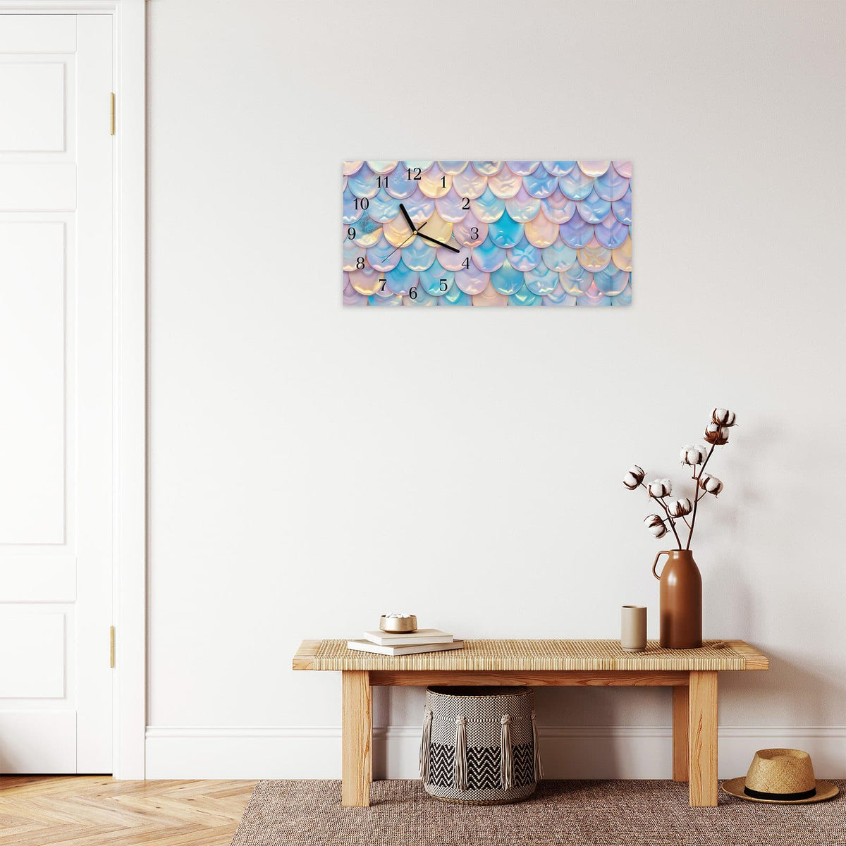 Moderne Wanduhr aus Glas mit Farbtiefe – Wanduhr Schuppen Mix Pastell aus Glas – Querformat 60 × 30 cm