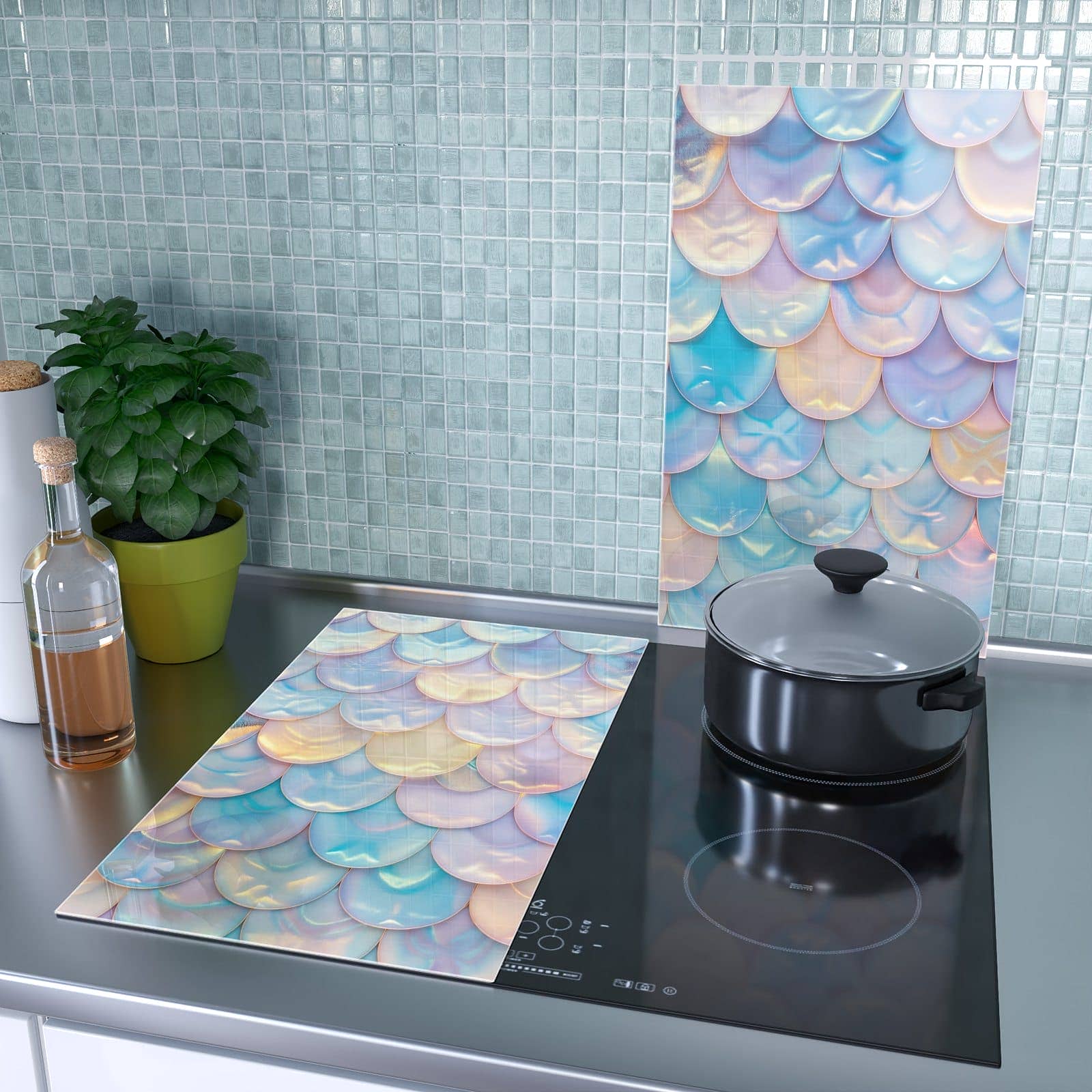 1-teilige Herdabdeckplatten für Ceranfeld mit Schuppen Mix Pastell-Motiv als Spritzschutz hinter dem Kochfeld