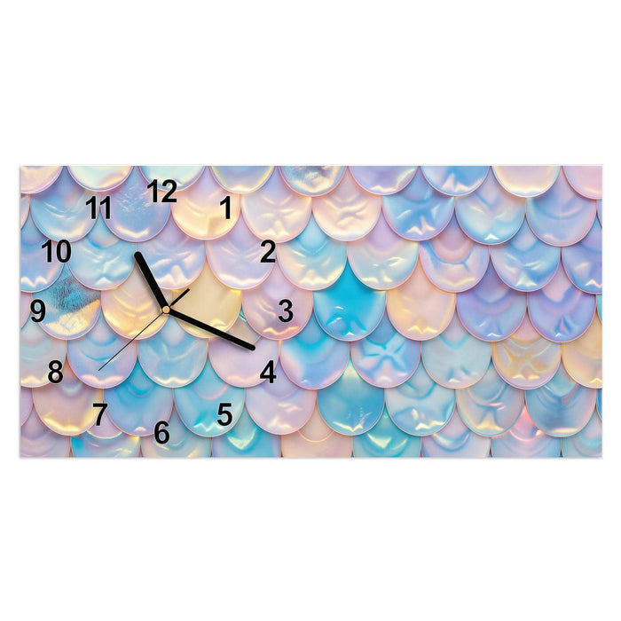 Wanduhr Schuppen Mix Pastell aus Glas – Querformat 60 × 30 cm mit Ziffernblatt Modern