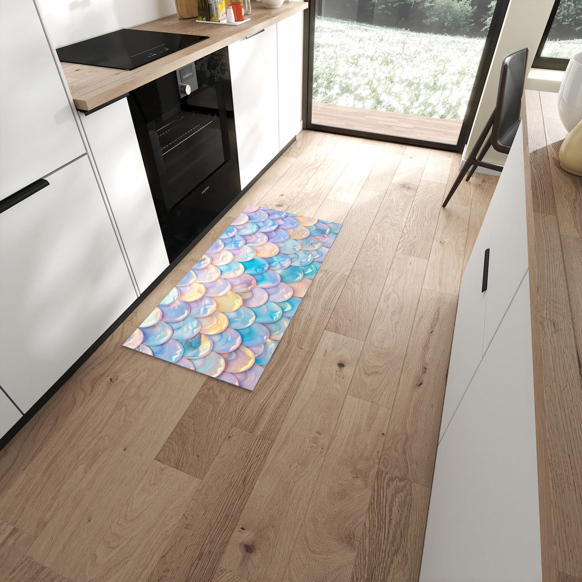 Waschbarer großer Küchenteppich mit Motiv Schuppen Mix Pastell in moderner Küche #grösse_60 x 120 cm