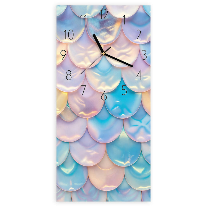 Wanduhr Schuppen Mix Pastell aus Glas – Hochformat 30 × 60 cm mit Ziffernblatt Elegant