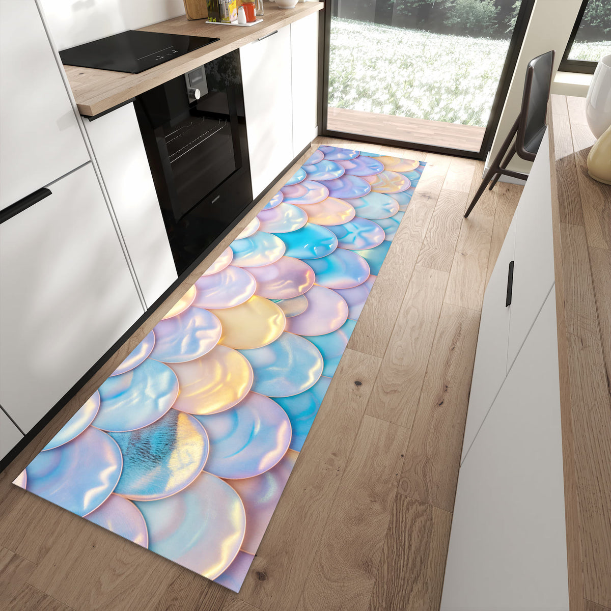 Waschbarer Küchenläufer mit Motiv Schuppen Mix Pastell in moderner Küche für sicheres Aufbewahren