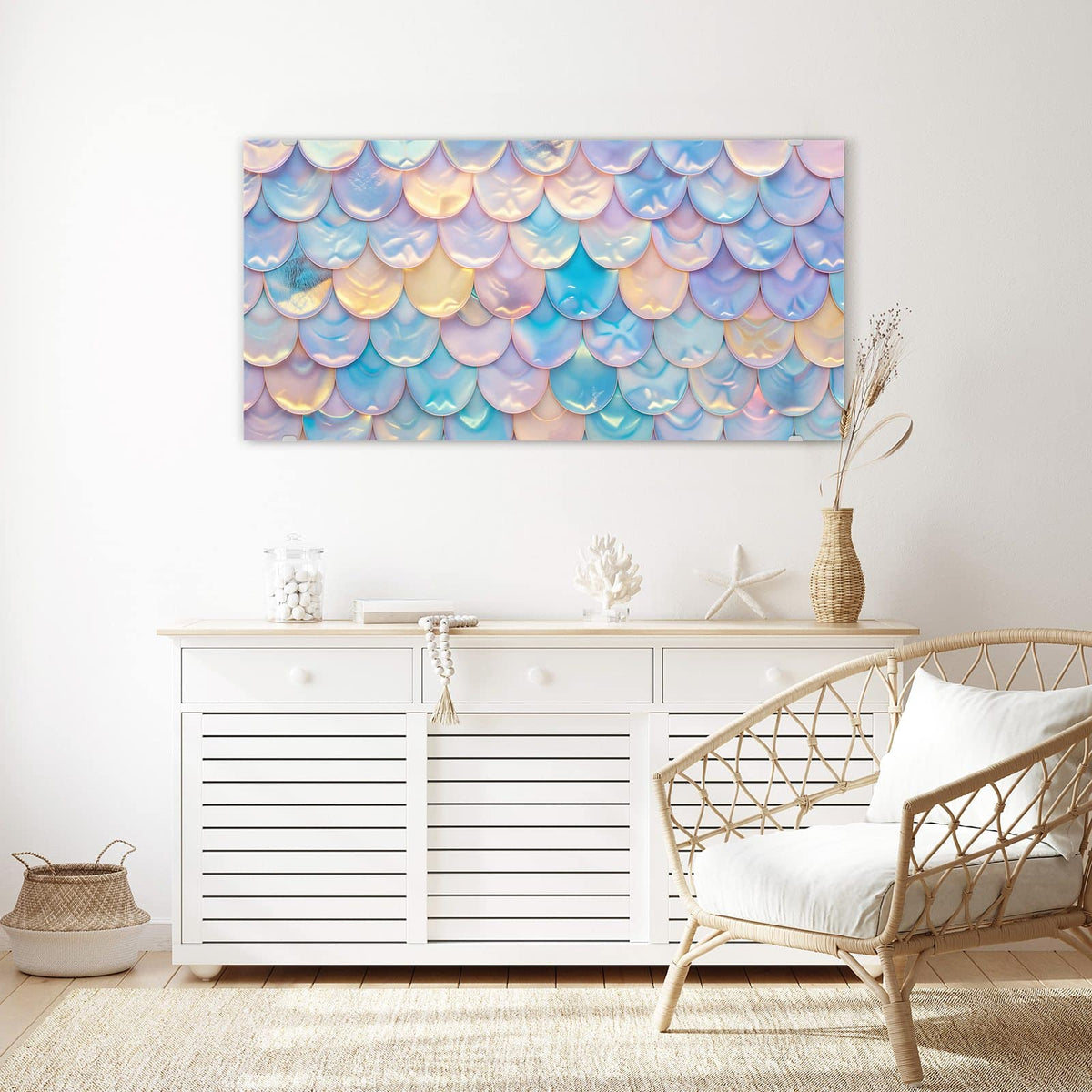 Echtglas, 4 mm – kein Acryl, keine Folie – Wandbild - Schuppen in Pastell - Querformat