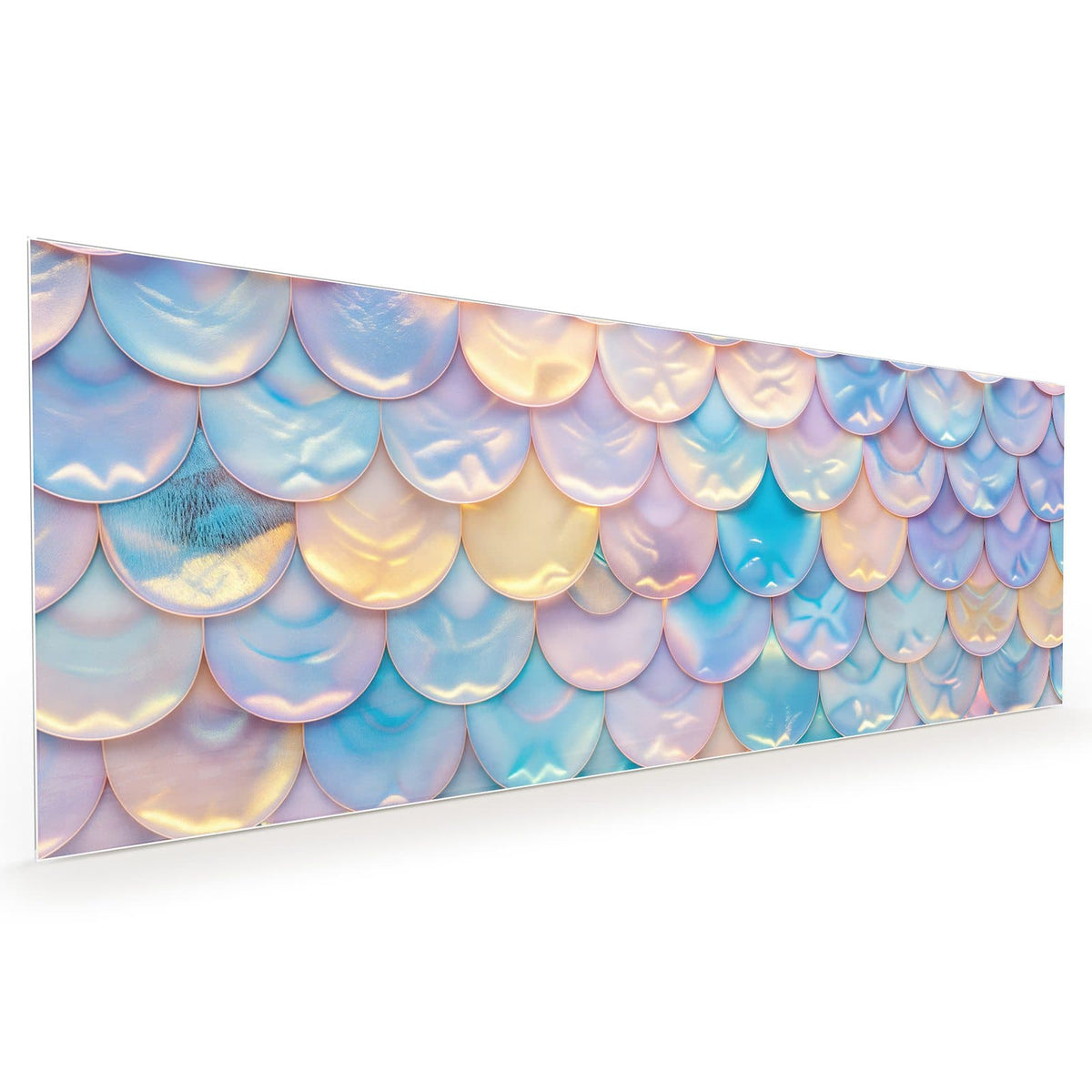 Küchenrückwand aus Glas im Hochformat mit Motiv Schuppen in Pastell: Perlmuttartige Halbkreis-Schuppen in Hellblau, Rosa und Gelb #grösse_40 x 100 cm #grösse_50 x 125 cm #grösse_60 x 150 cm
