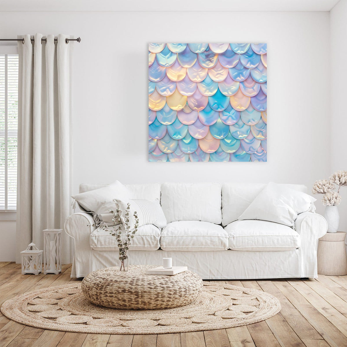 Glasbild Schuppen in Pastell an der Wand – Perlmuttartige Halbkreis-Schuppen in Hellblau, Rosa und Gelb