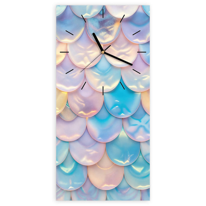 Wanduhr Schuppen Mix Pastell aus Glas – Hochformat 30 × 60 cm mit Ziffernblatt Linie