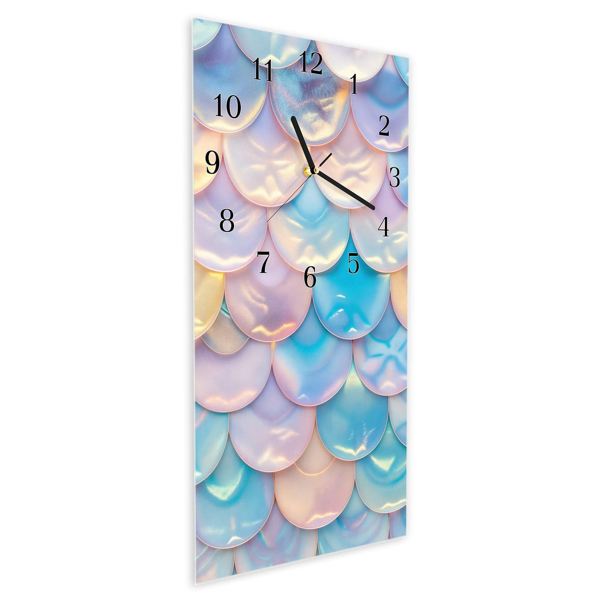 Vormontiert – mit Schwebeeffekt – Wanduhr Schuppen Mix Pastell aus Glas – Hochformat 30 × 60 cm