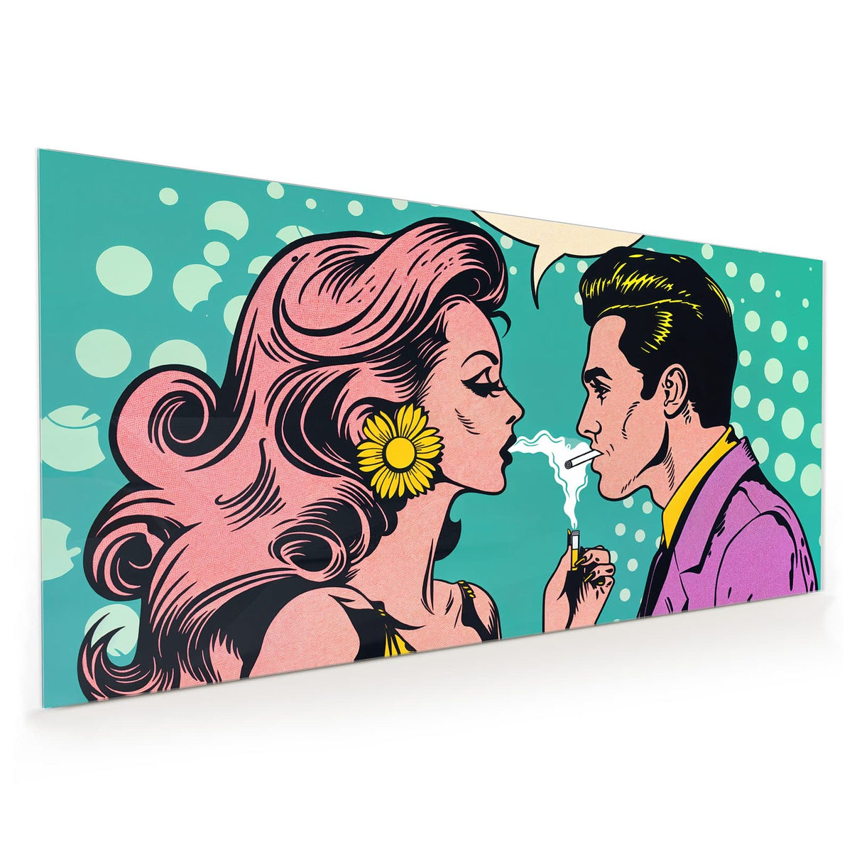 Küchenrückwand aus Glas im Hochformat: Comic-Paar: Frau mit rosa Haar gibt dem Mann Feuer, türkiser Punktgrund, leere Sprechblase