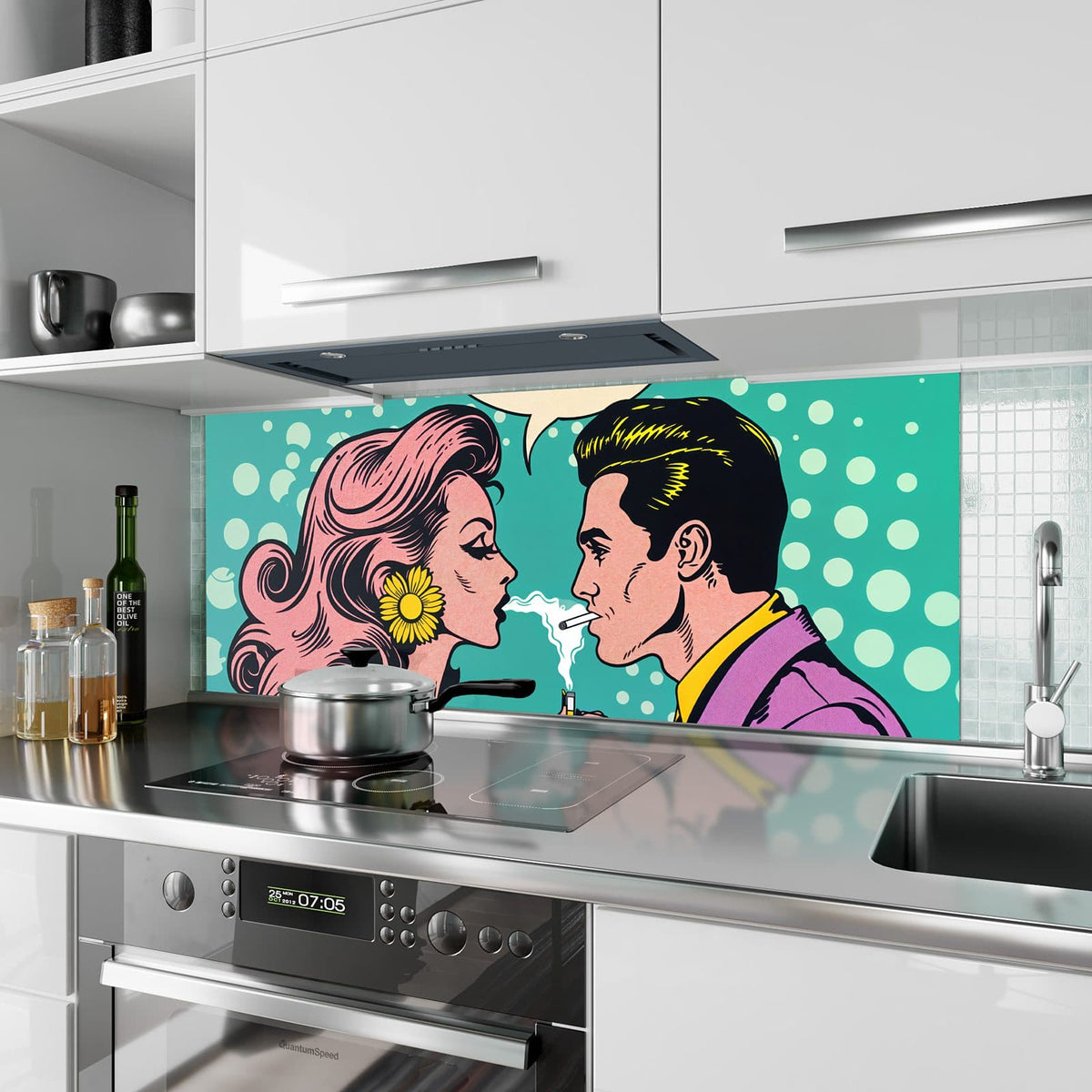 Küchenrückwand aus Glas Paar mit Sprechblase im Hochformat als Spritzschutz hinter dem Kochfeld, über dem Fliesenspiegel montiert