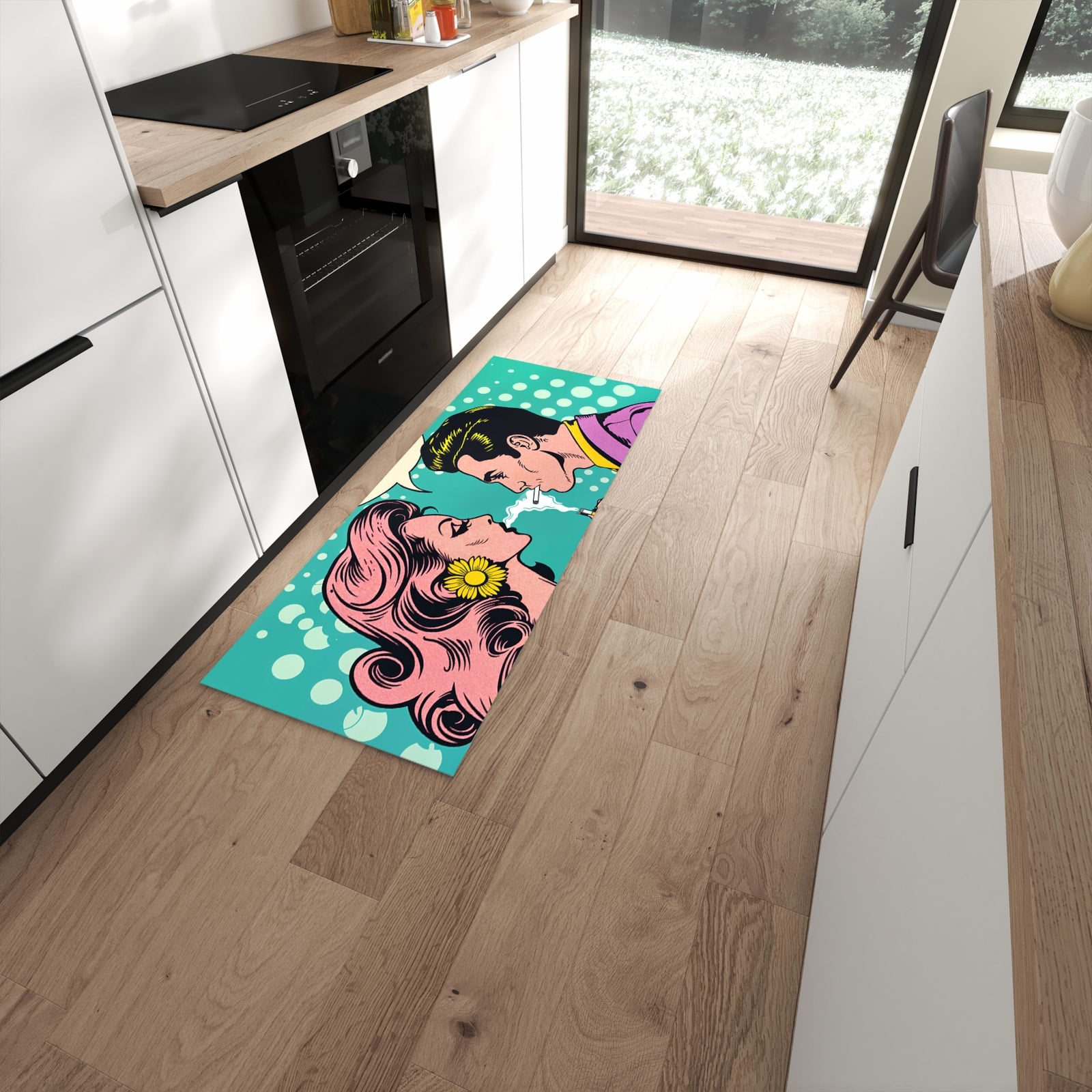 Fleckenresistenter waschbarer Teppich mit Motiv Retro Pop Art Duo in moderner Küche #grösse_60 x 150 cm
