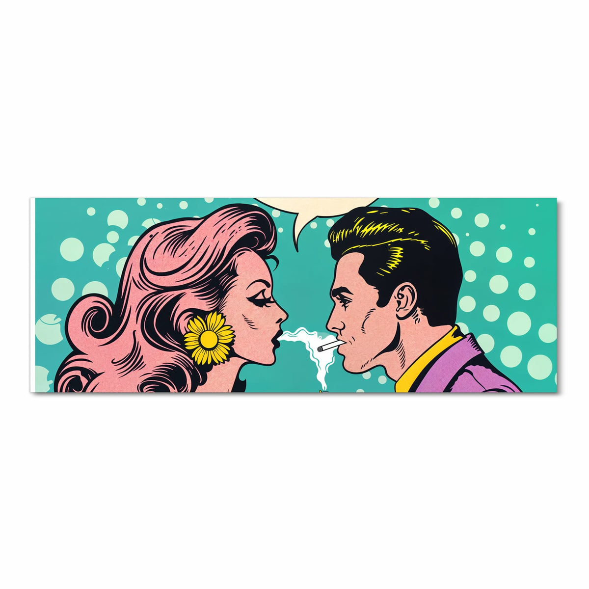 Waschbarer Teppich für Esstisch mit Motiv Retro Pop Art Duo in Frontansicht sicher aufbewahrt